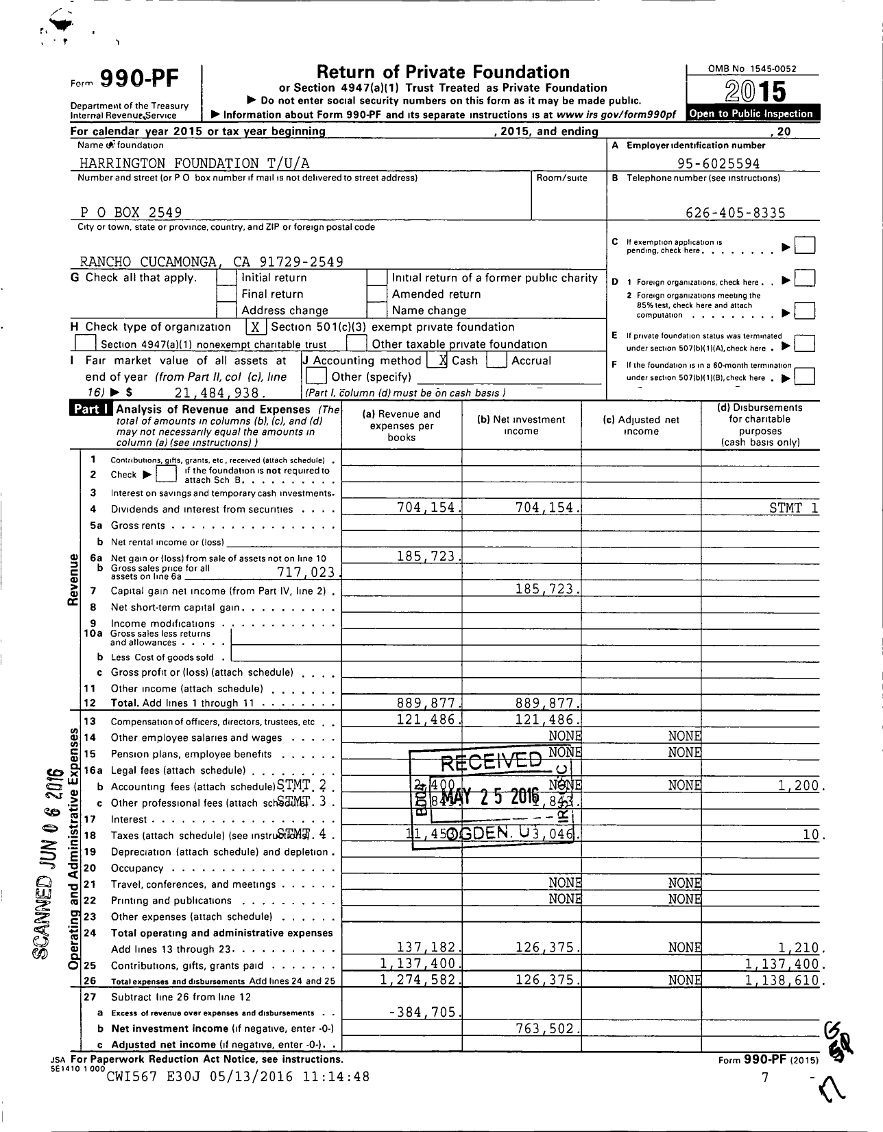 Image of first page of 2015 Form 990PF for Mark H and Blanche M Harrington Foundation