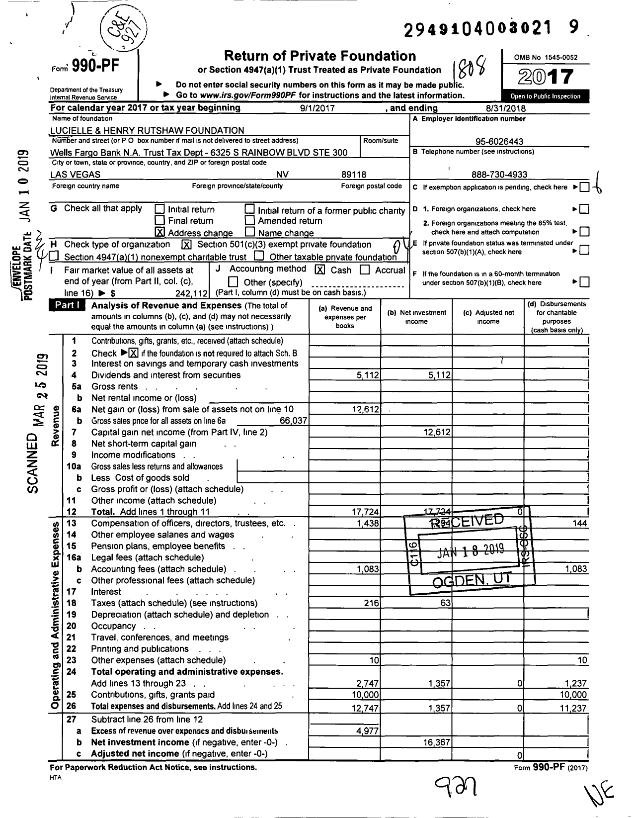 Image of first page of 2017 Form 990PF for Lucielle and Henry Rutshaw Foundation