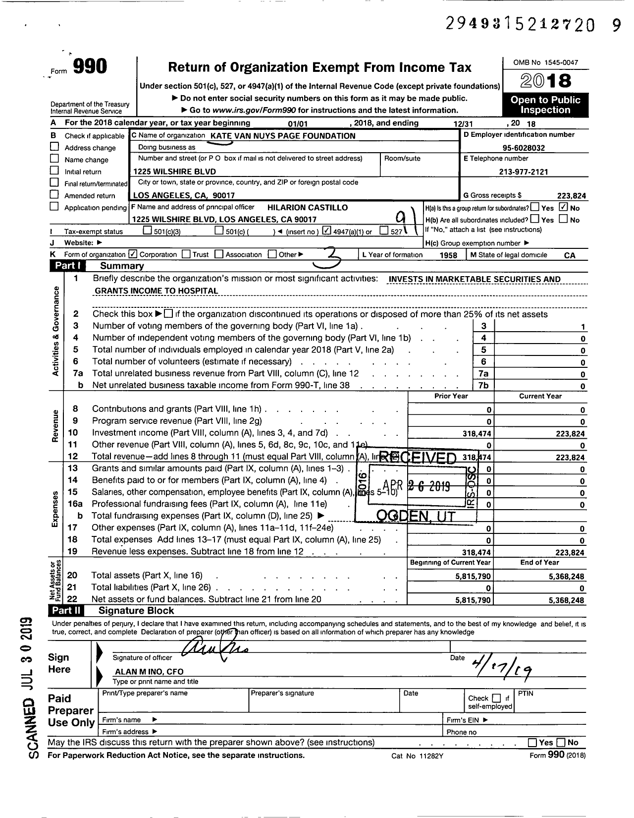 Image of first page of 2018 Form 990O for Kate Van Nuys Page Foundation