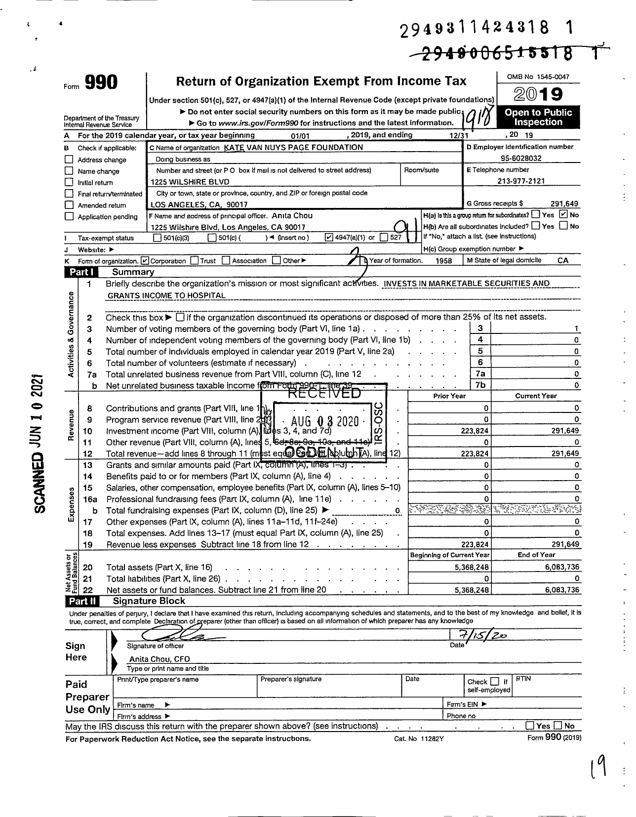 Image of first page of 2019 Form 990O for Kate Van Nuys Page Foundation