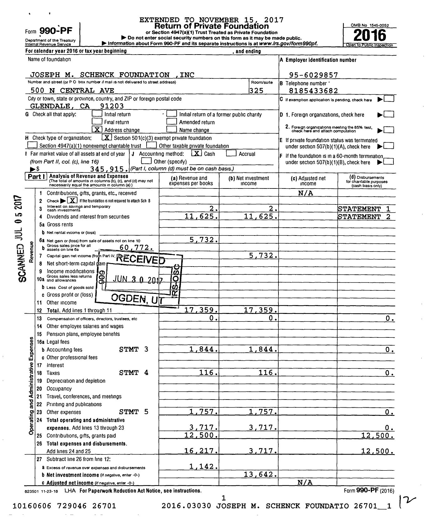 Image of first page of 2016 Form 990PF for Joseph M Schenck Foundation