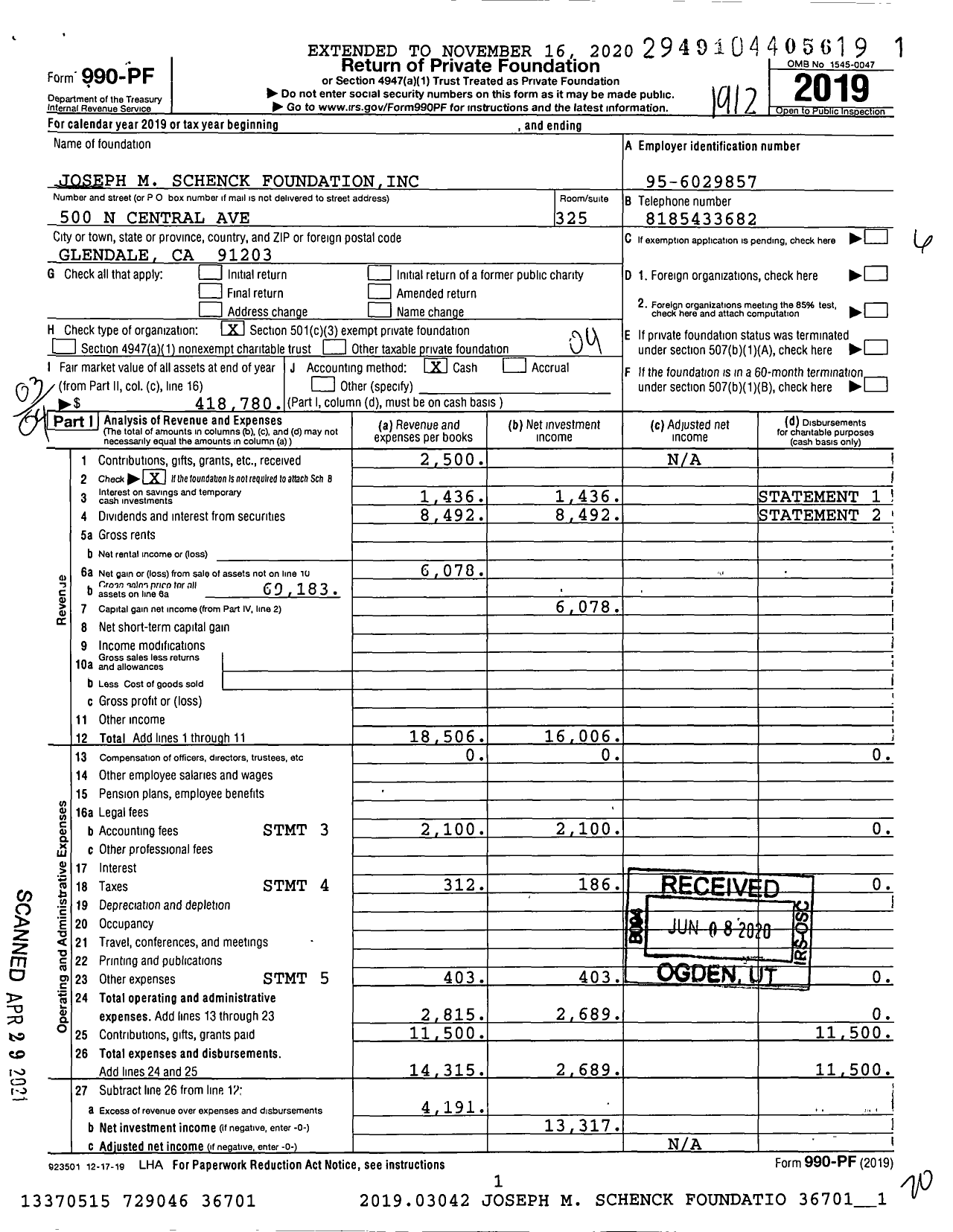 Image of first page of 2019 Form 990PF for Joseph M Schenck Foundation