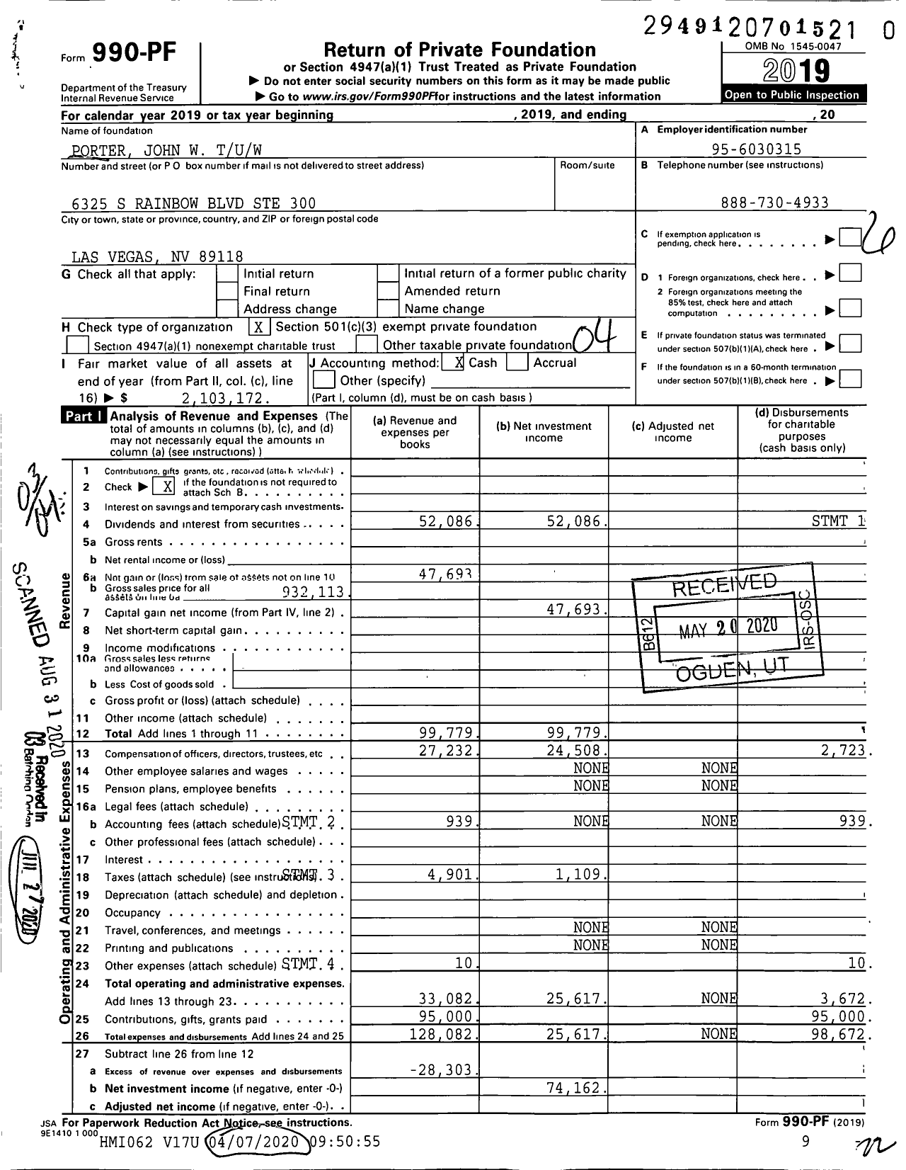 Image of first page of 2019 Form 990PR for Porter John W Tuw