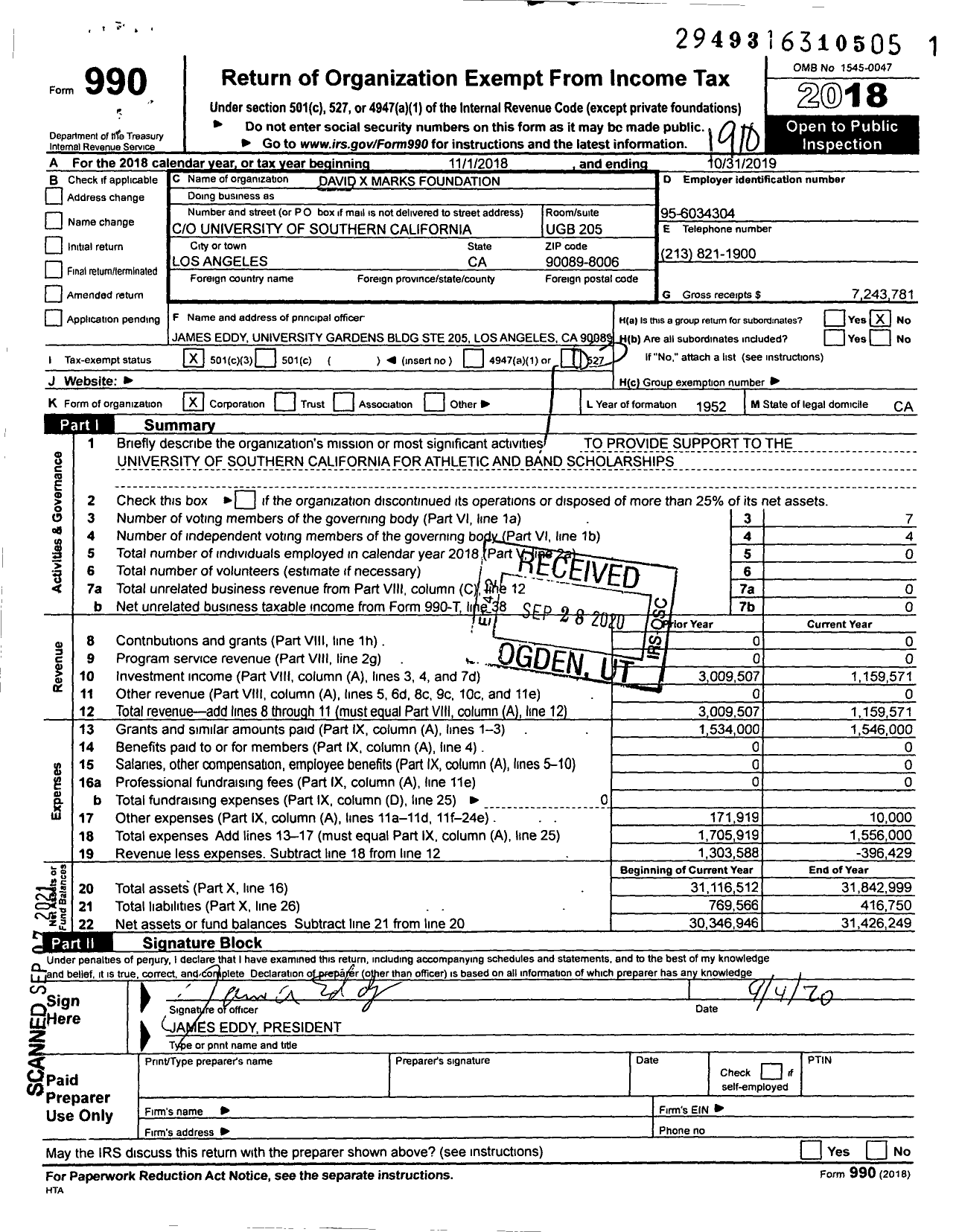 Image of first page of 2018 Form 990 for David X Marks Foundation