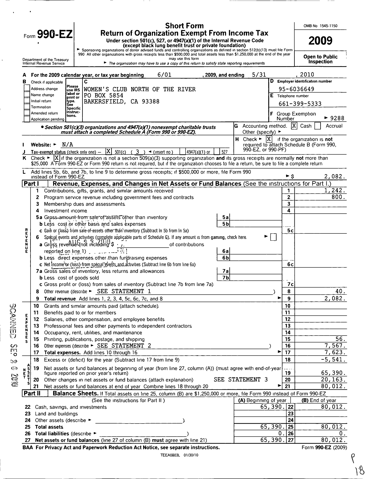 Image of first page of 2009 Form 990EZ for California Federation of Womens Clubs