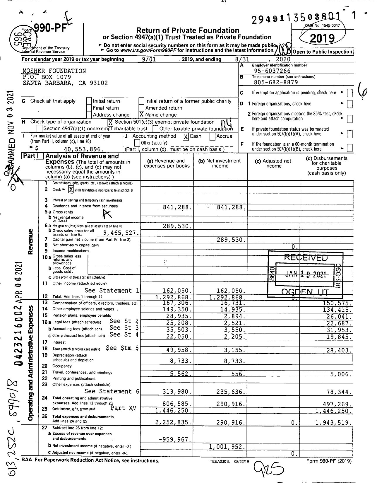 Image of first page of 2019 Form 990PF for Mosher Foundation