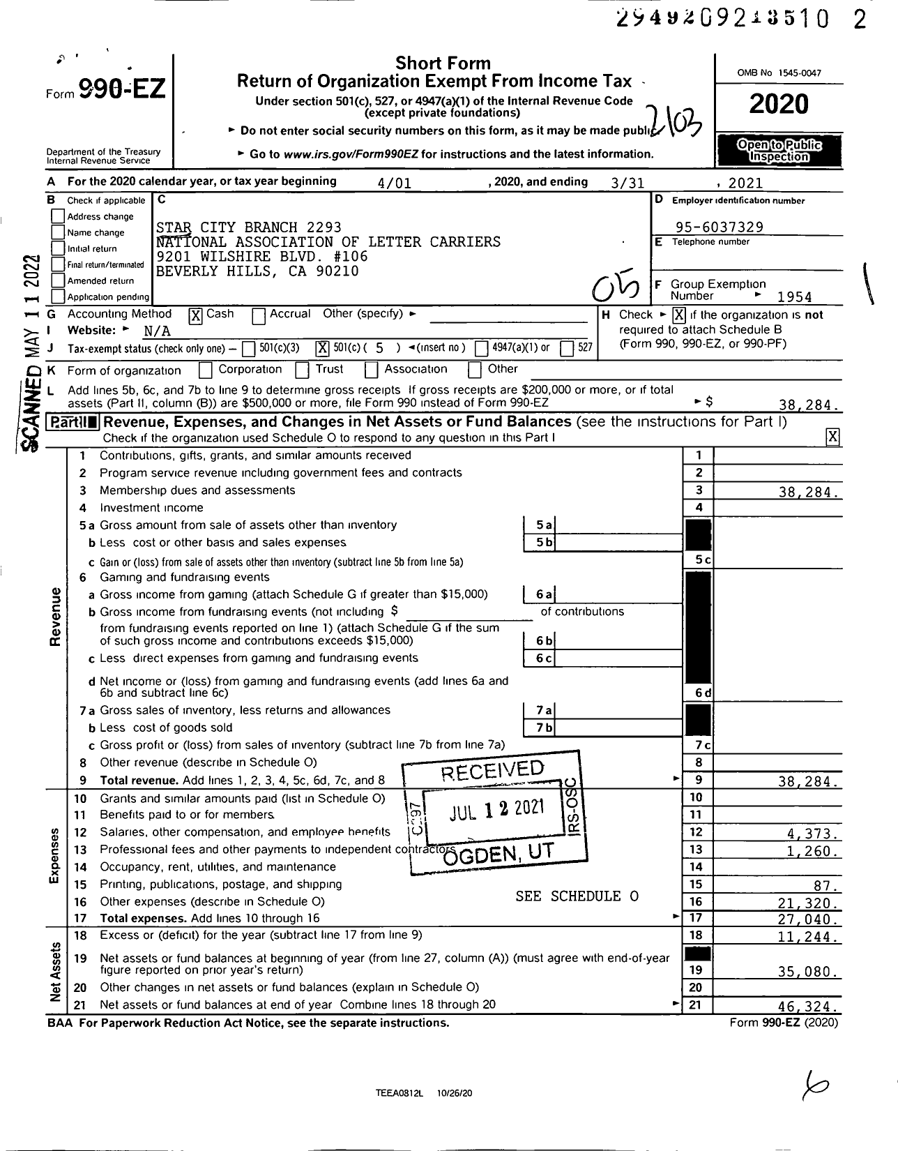 Image of first page of 2020 Form 990EO for National Association of Letter Carriers - 2293 Beverly Hills California