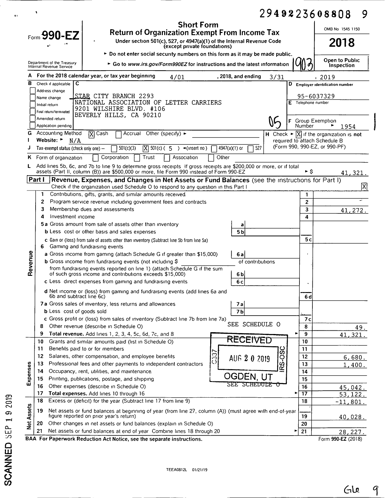 Image of first page of 2018 Form 990EO for National Association of Letter Carriers - 2293 Beverly Hills California