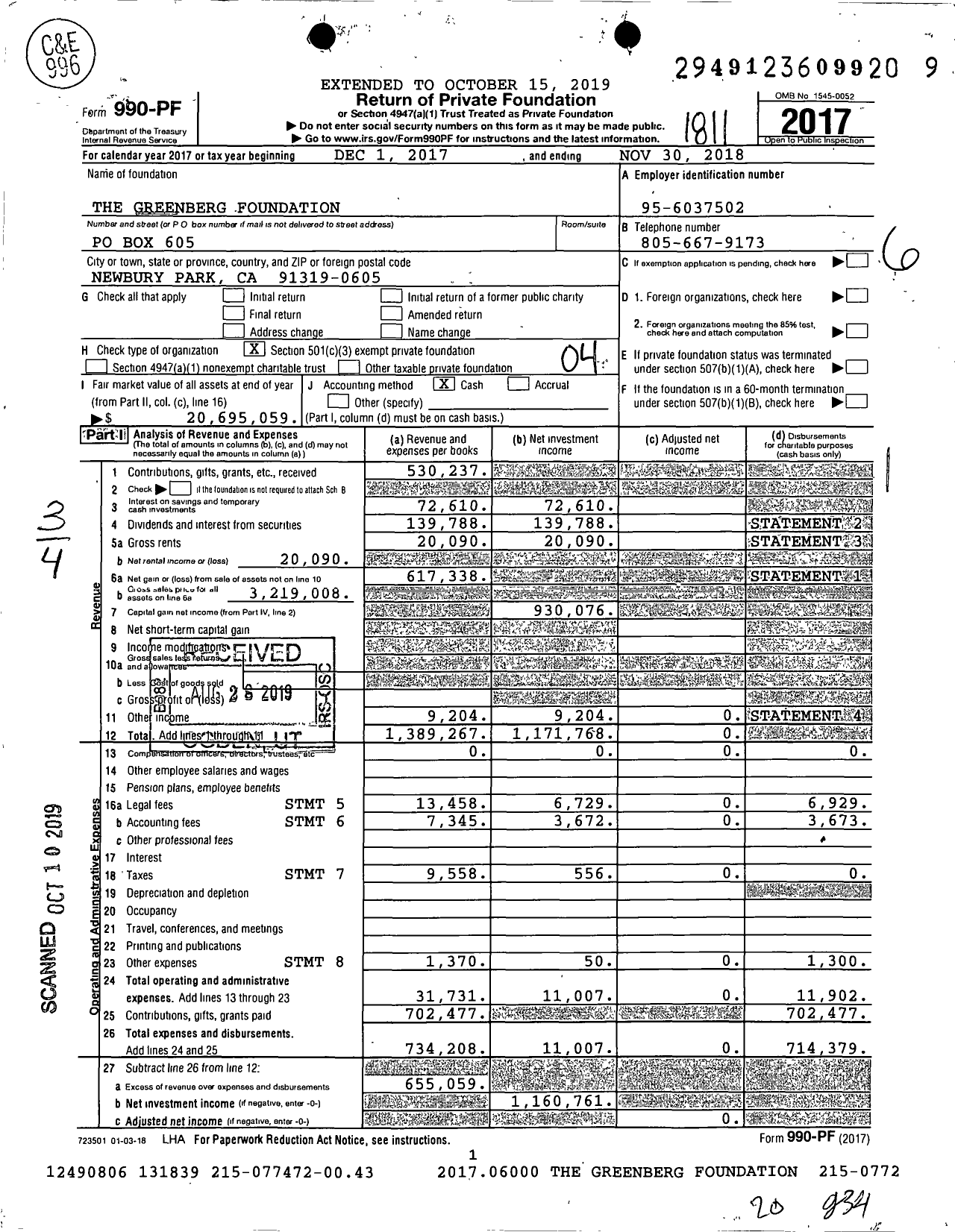 Image of first page of 2017 Form 990PF for The Greenberg Foundation