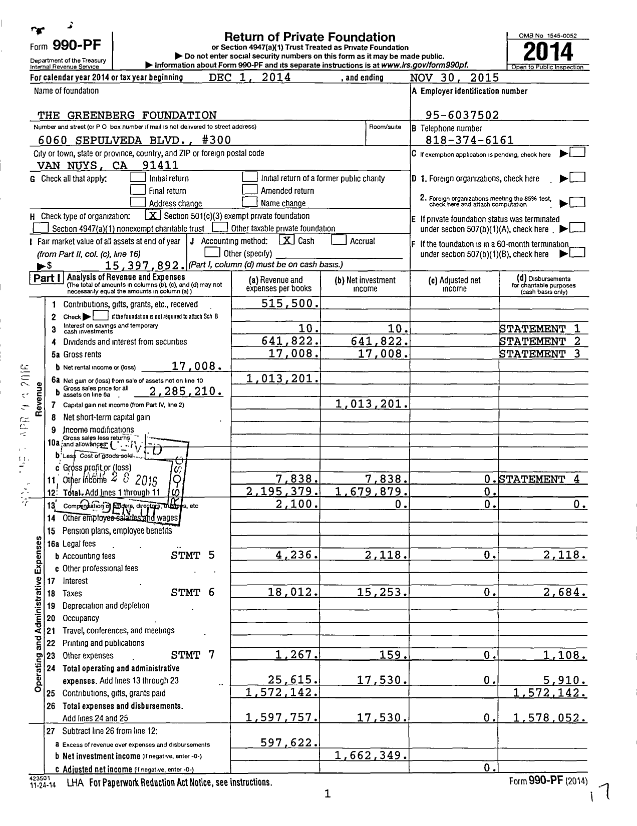 Image of first page of 2014 Form 990PF for The Greenberg Foundation