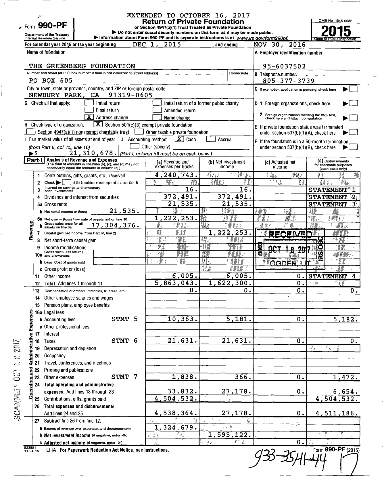 Image of first page of 2015 Form 990PF for The Greenberg Foundation