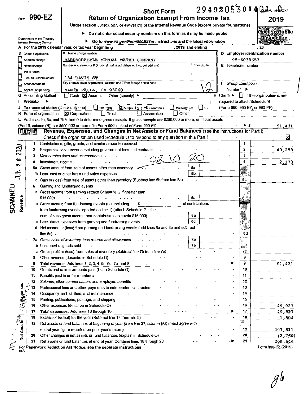 Image of first page of 2019 Form 990EO for Hardscrabble Mutual Water Company