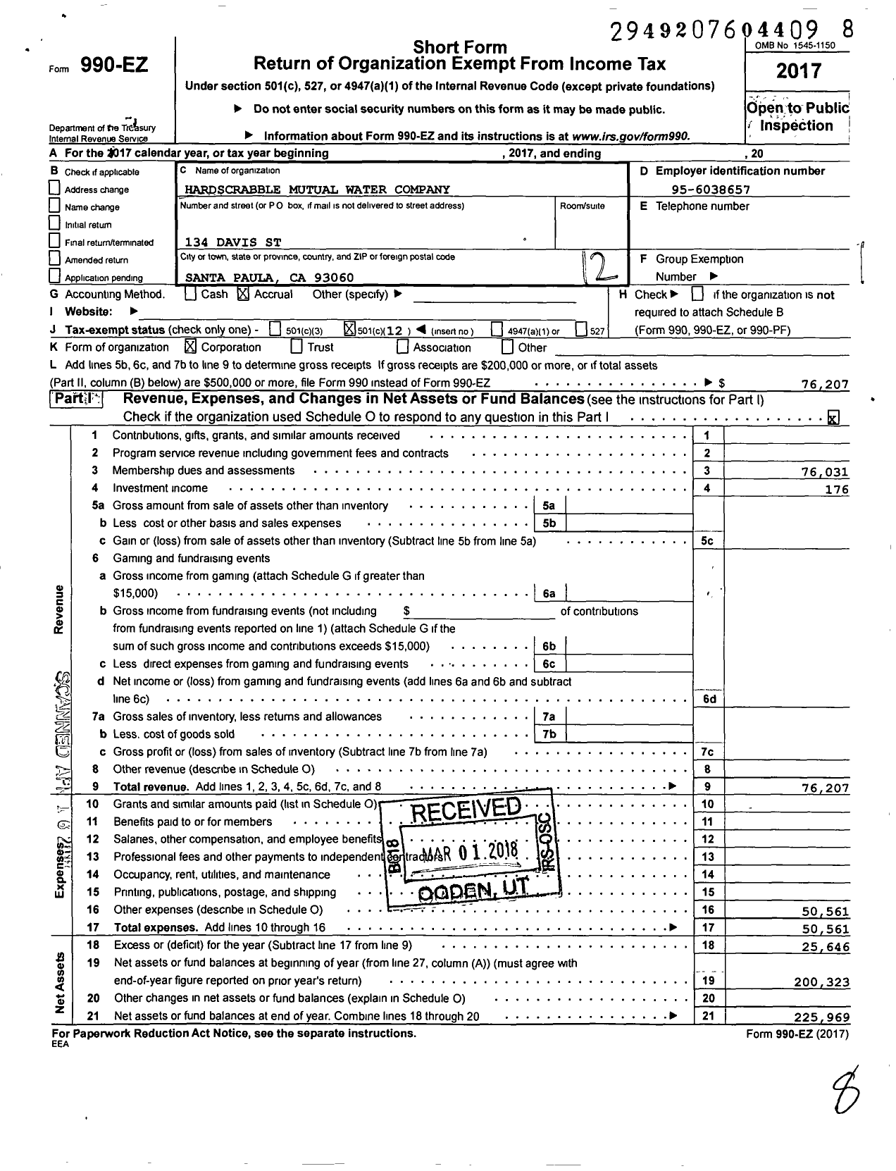 Image of first page of 2017 Form 990EO for Hardscrabble Mutual Water Company