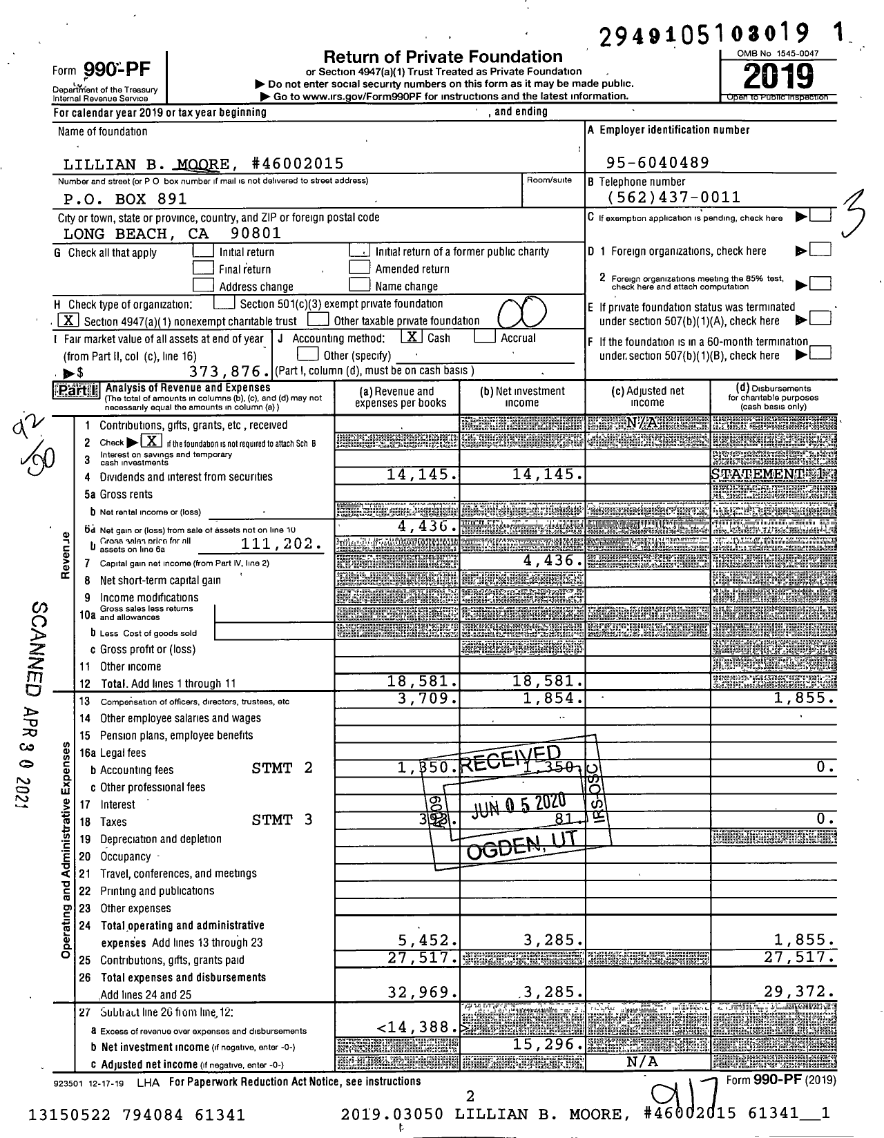 Image of first page of 2019 Form 990PF for Lillian B Moore Trust #1020000052