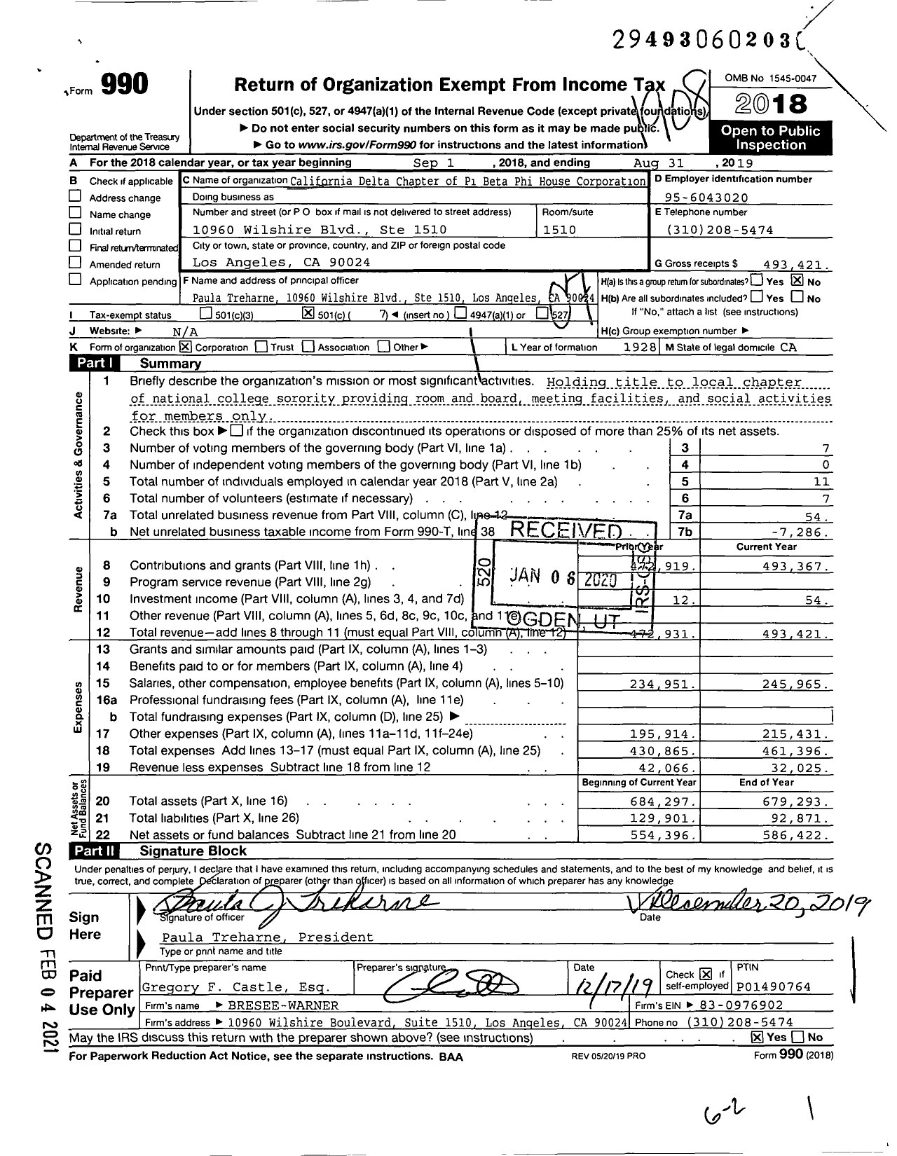 Image of first page of 2018 Form 990O for California Delta Chapter of Pi Beta Phi House Corporation