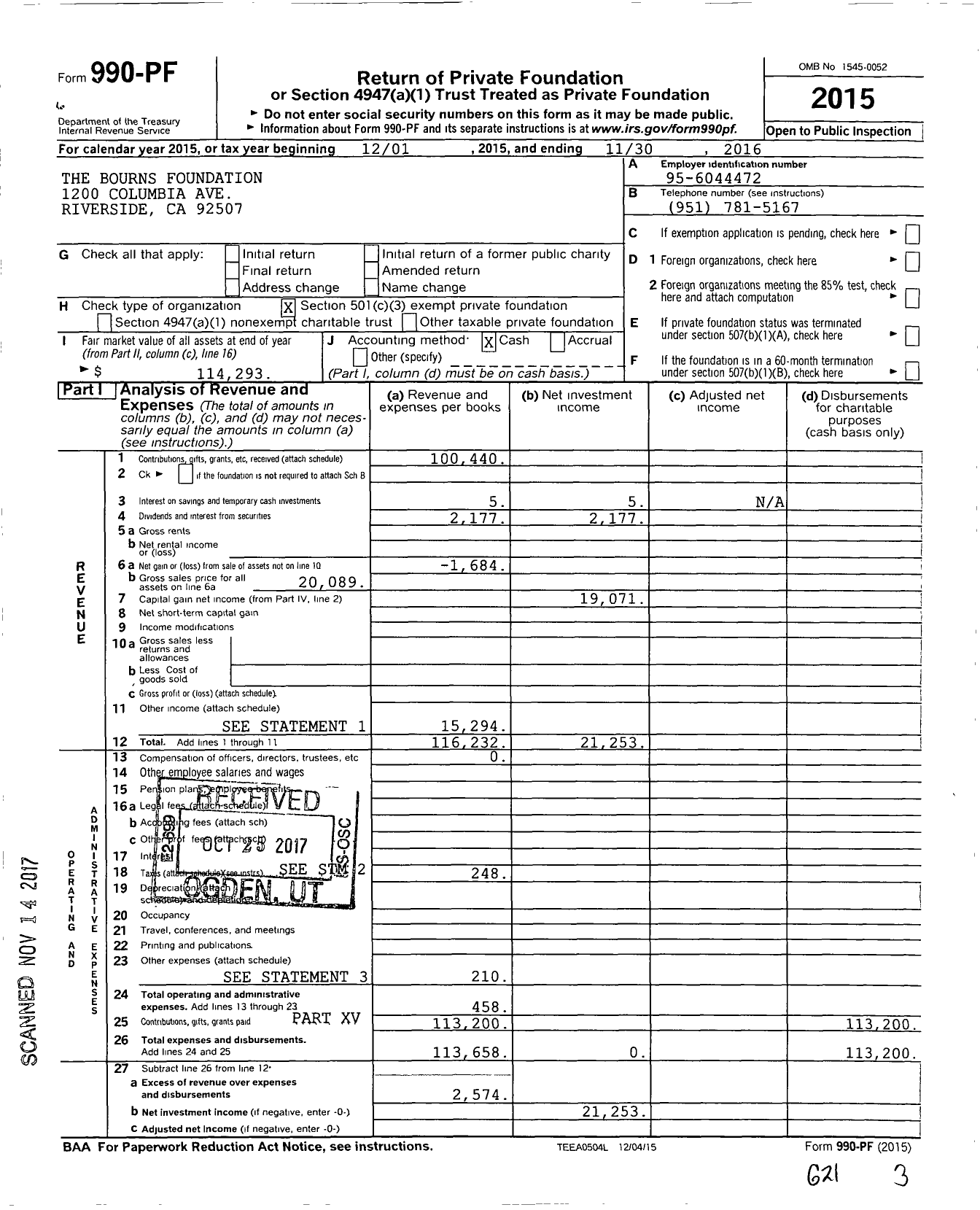 Image of first page of 2015 Form 990PF for Bourns Foundation