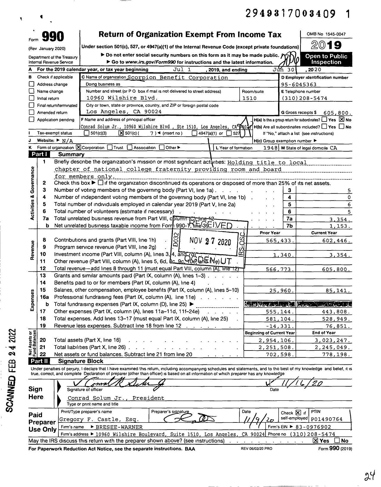 Image of first page of 2019 Form 990O for Scorpion Benefit Corporation