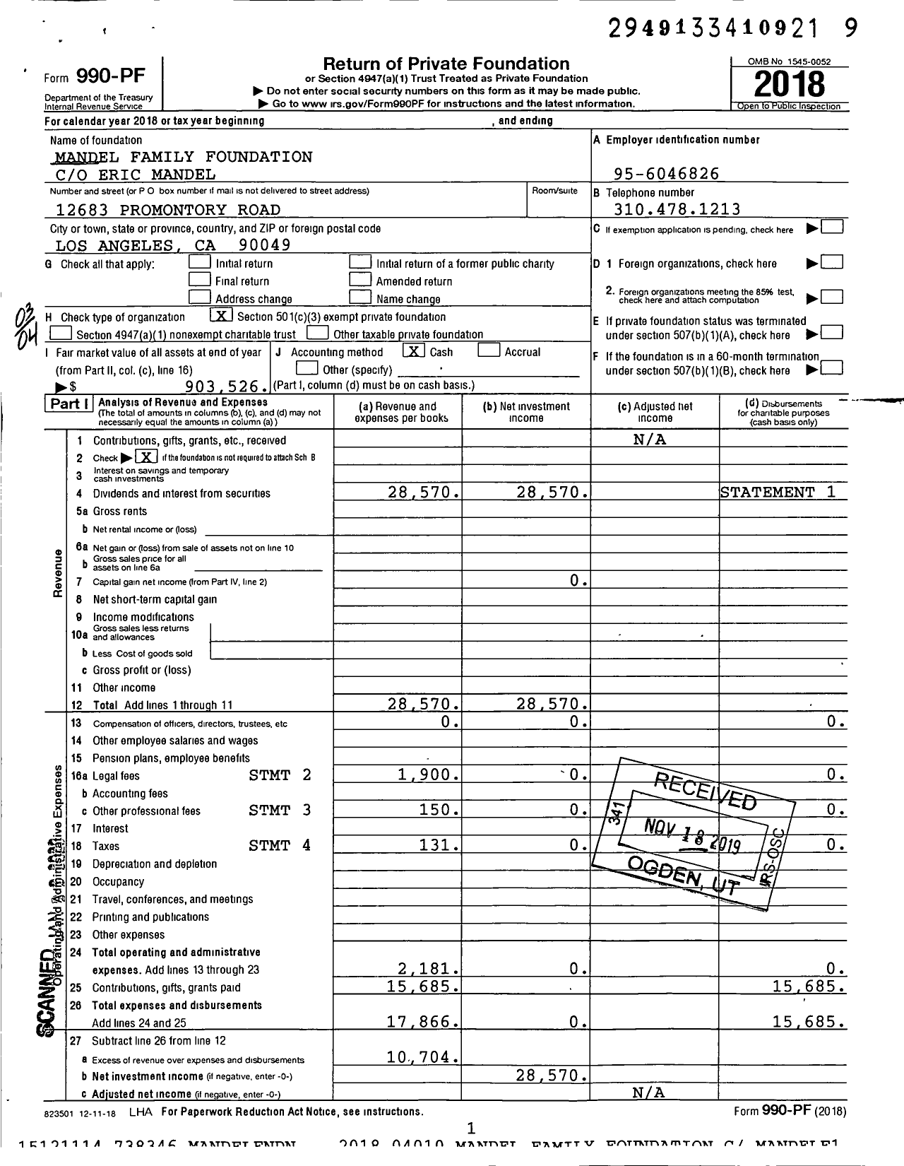 Image of first page of 2018 Form 990PF for Mandel Family Foundation