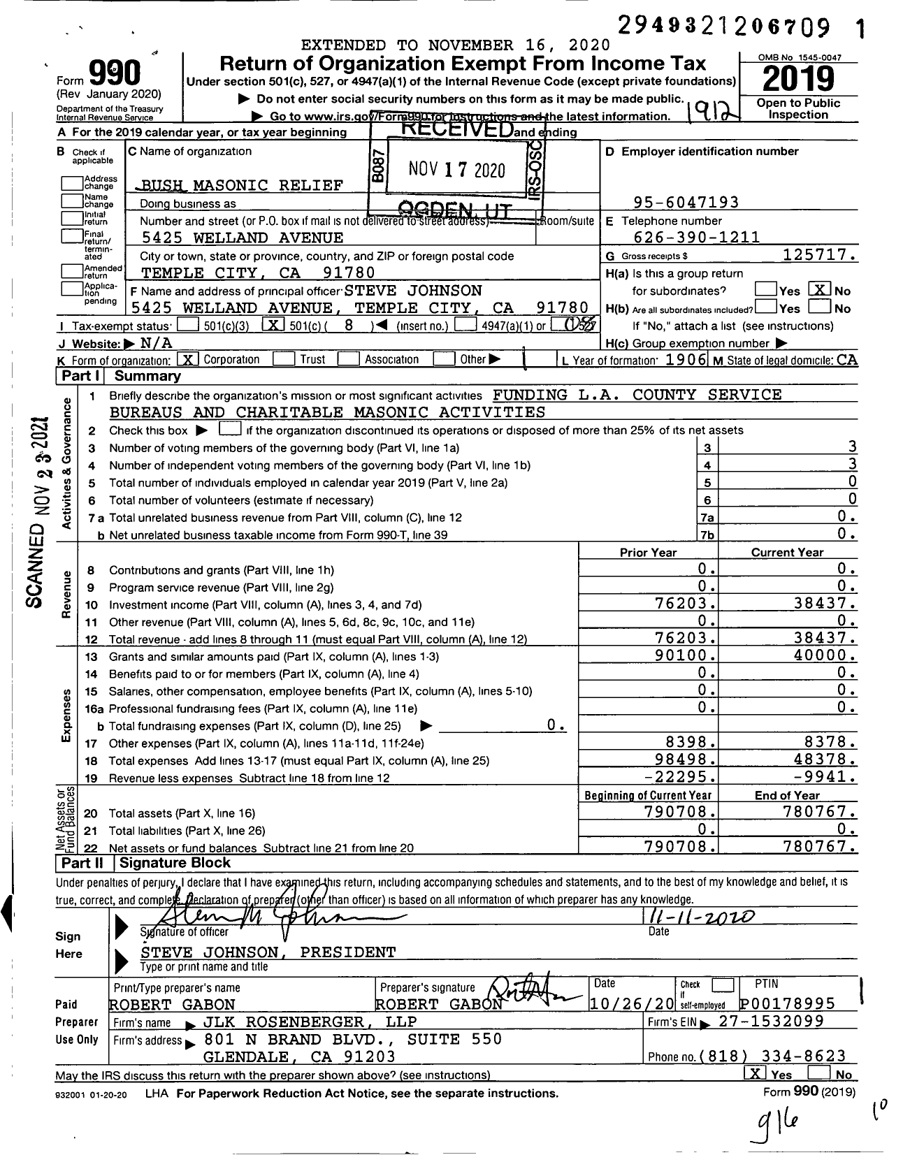 Image of first page of 2019 Form 990O for Bush Masonic Relief