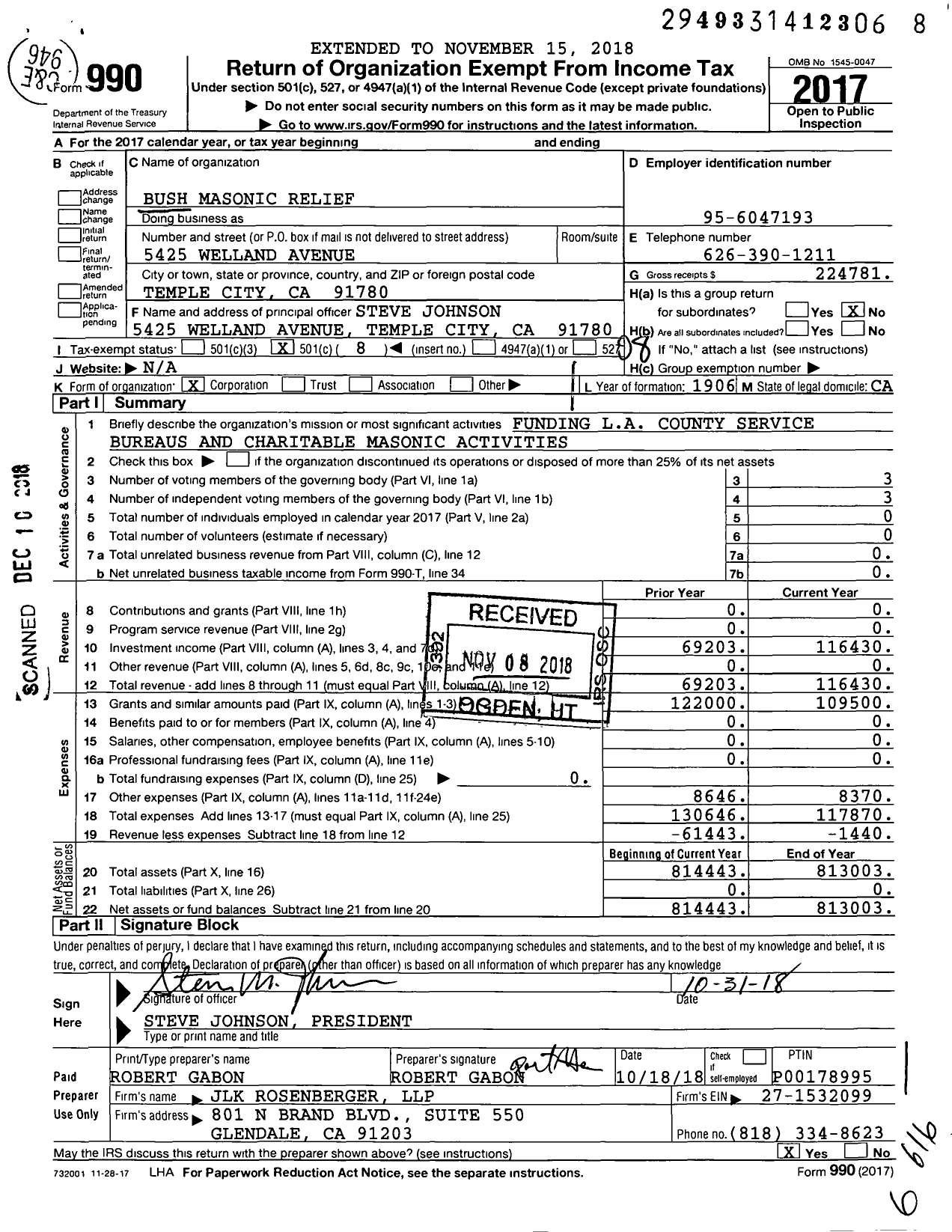 Image of first page of 2017 Form 990O for Bush Masonic Relief