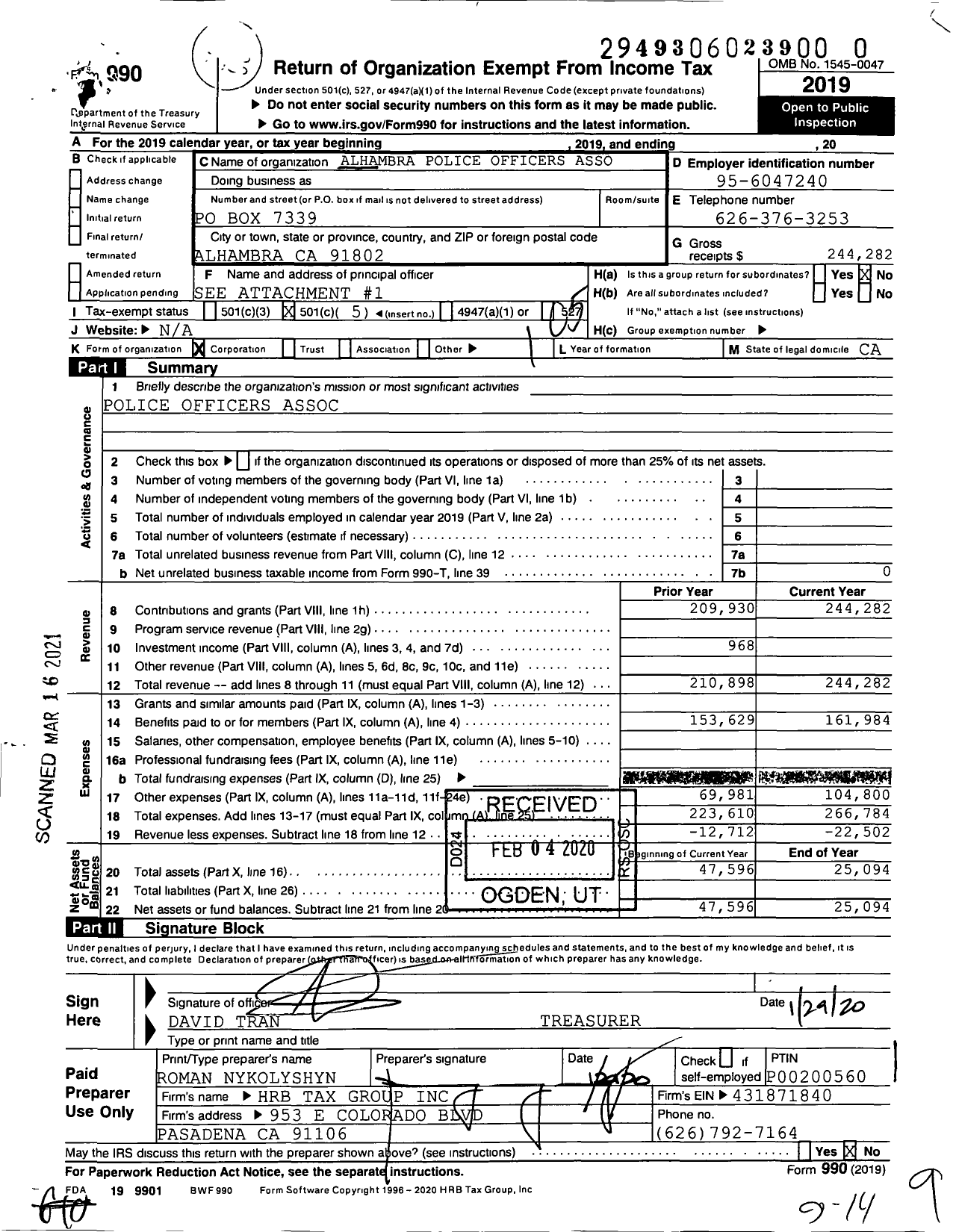 Image of first page of 2019 Form 990O for Alhambra Policemens Association