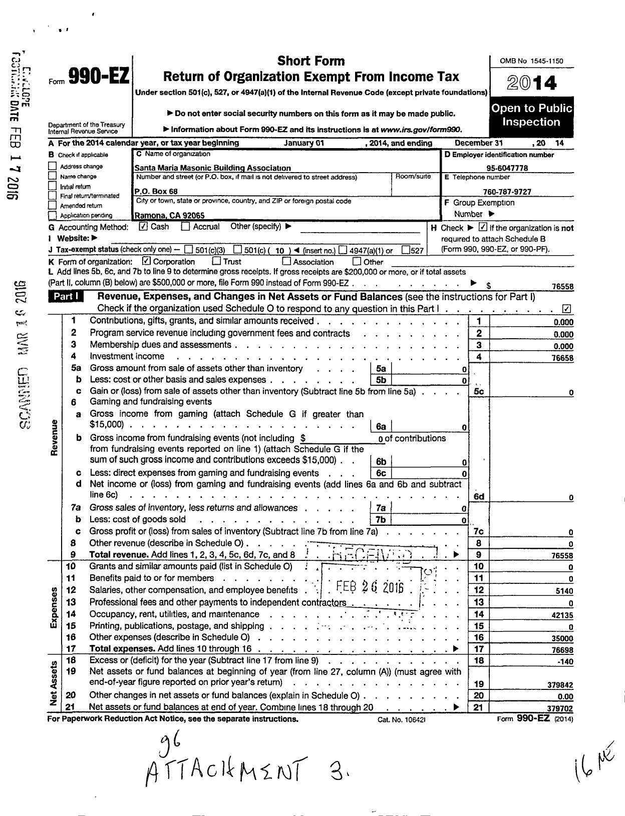 Image of first page of 2014 Form 990EO for Santa Maria Masonic Building Association