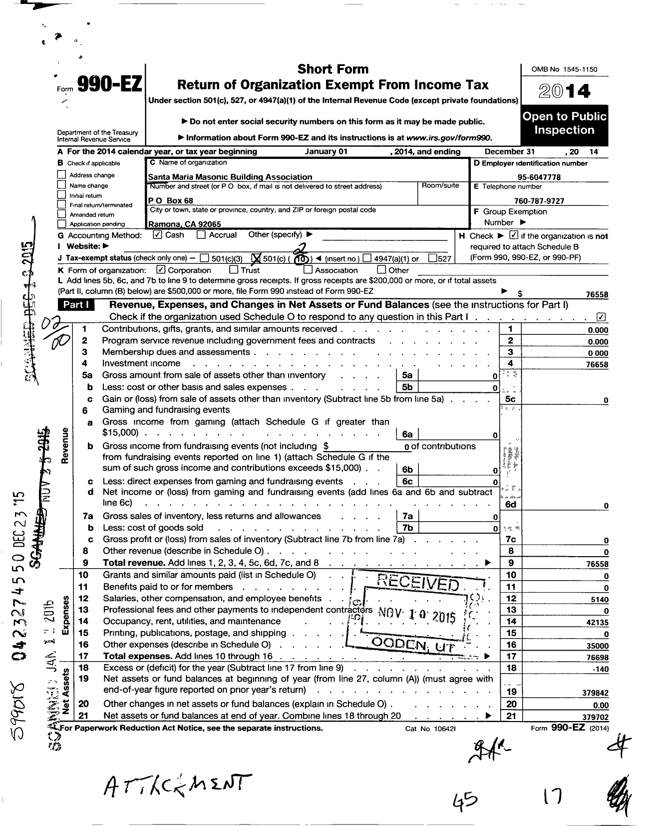 Image of first page of 2014 Form 990EO for Santa Maria Masonic Building Association