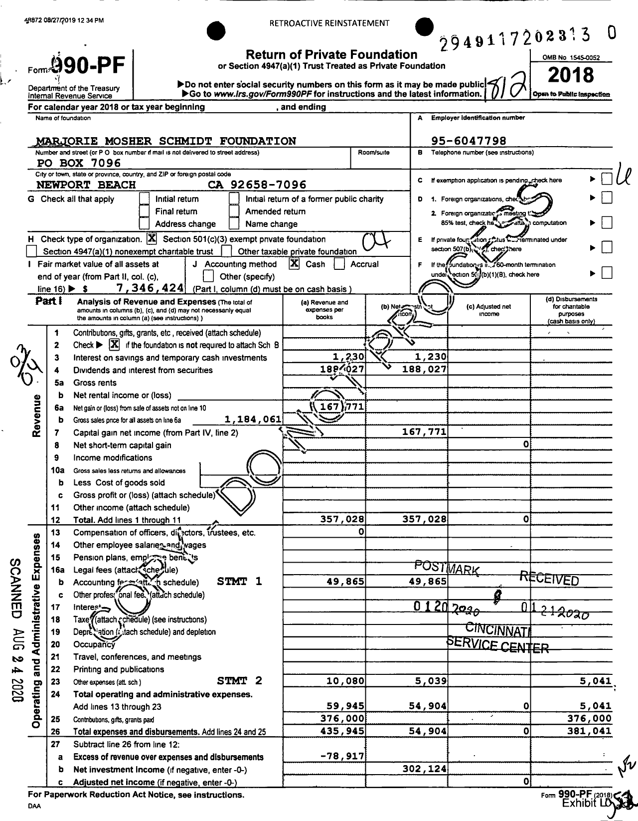 Image of first page of 2018 Form 990PR for Marjorie Mosher Schmidt Foundation