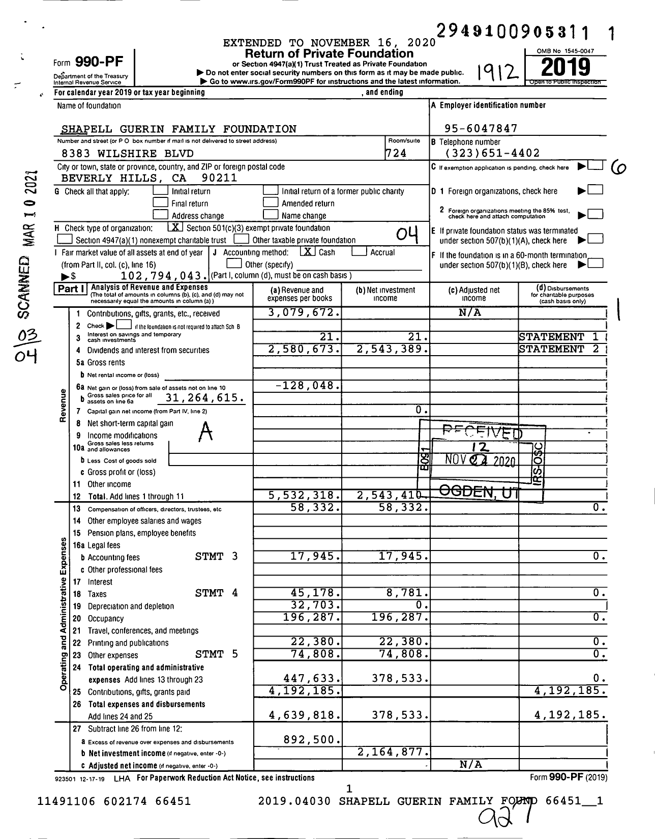 Image of first page of 2019 Form 990PF for Shapell Guerin Family Foundation