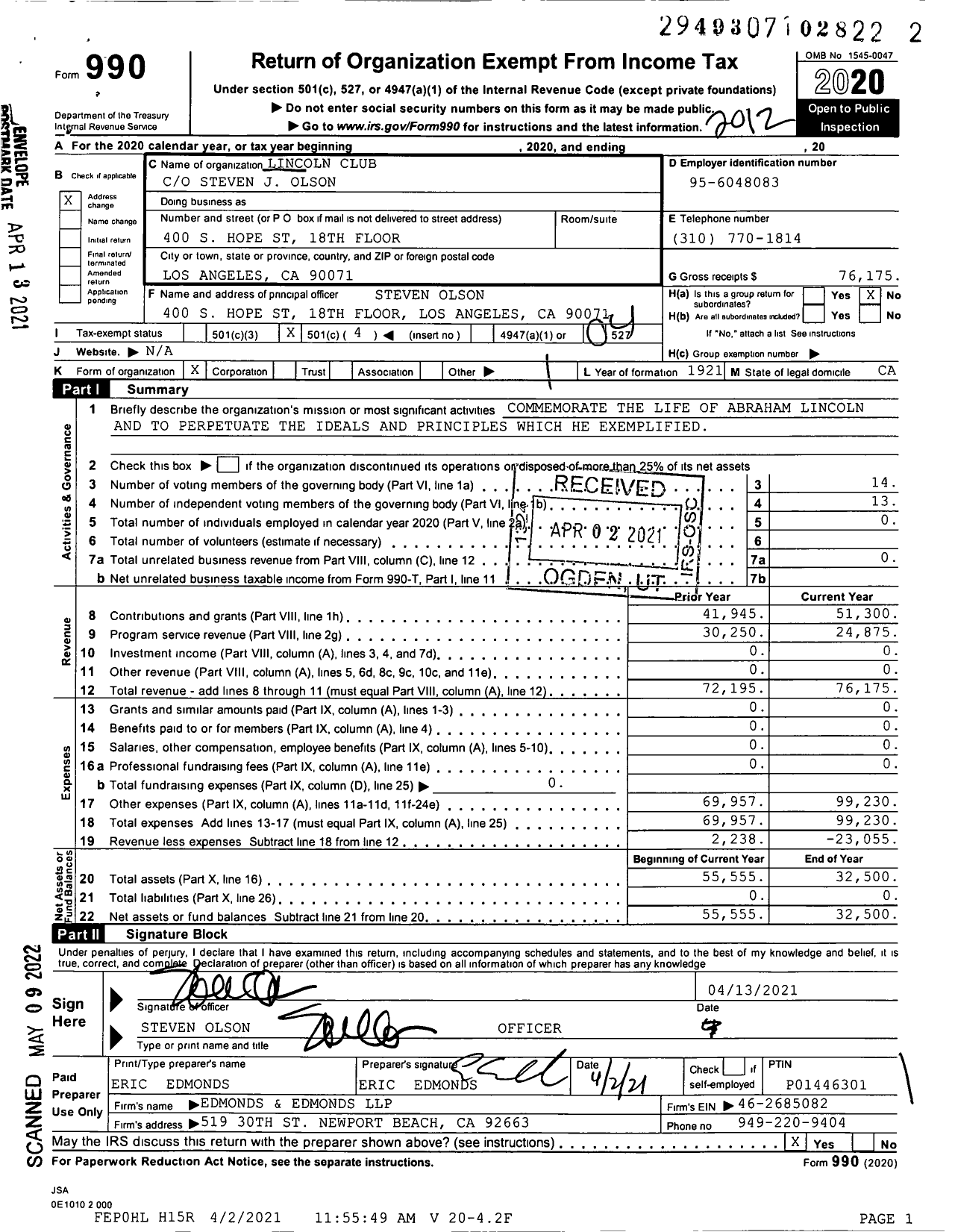 Image of first page of 2020 Form 990O for Lincoln Club