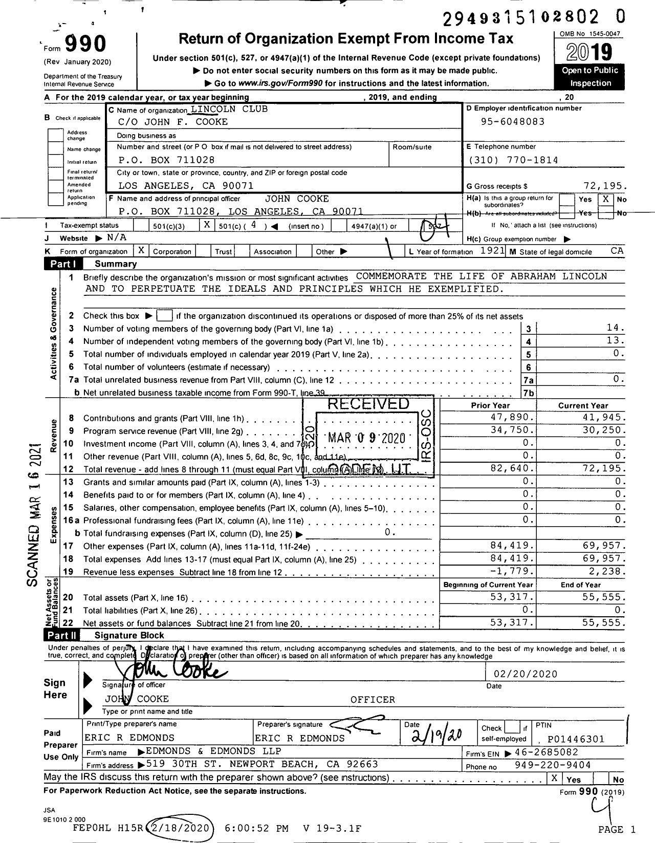 Image of first page of 2019 Form 990O for Lincoln Club