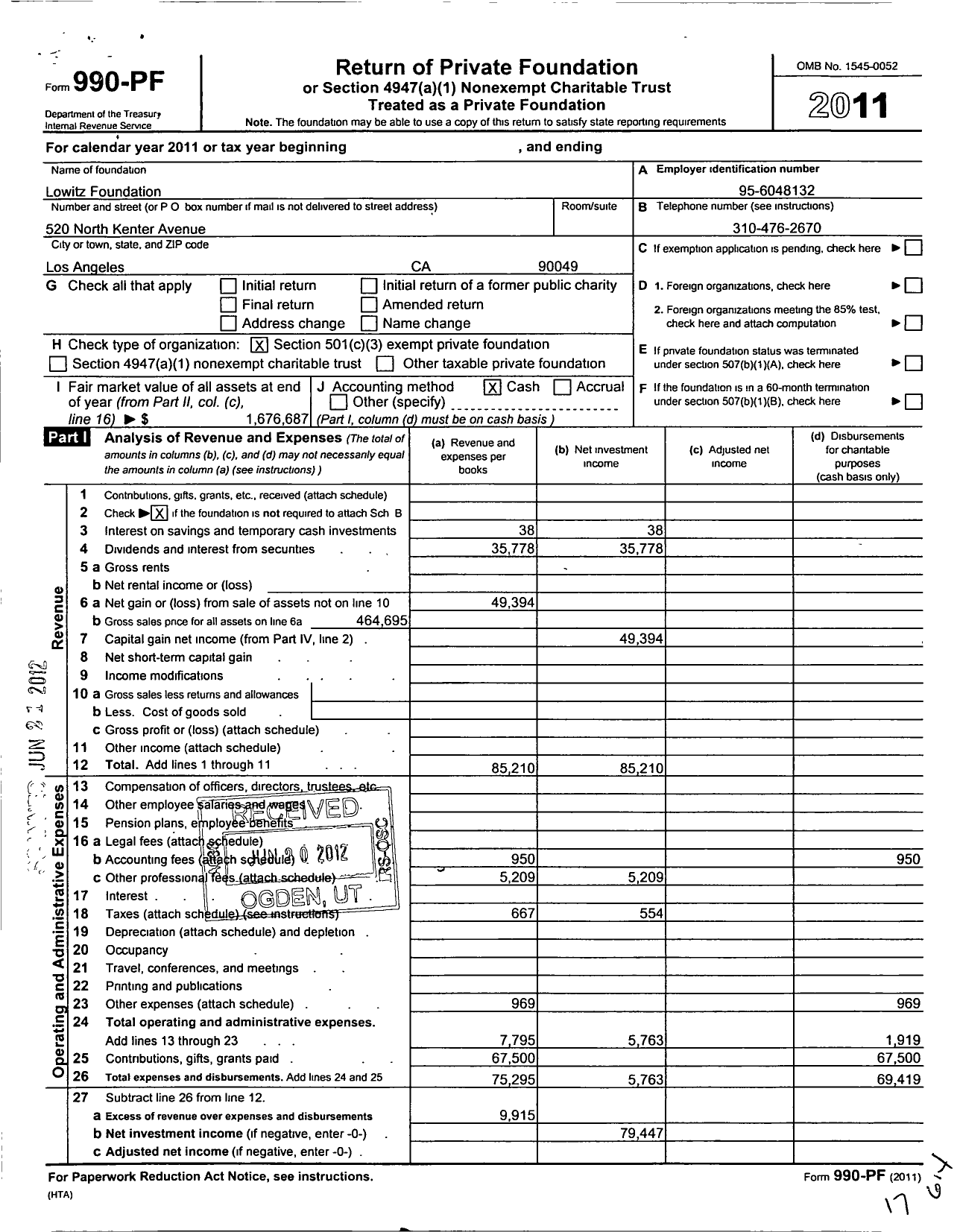 Image of first page of 2011 Form 990PF for Lowitz Foundation