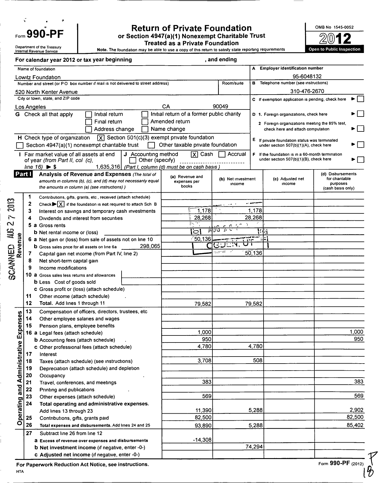 Image of first page of 2012 Form 990PF for Lowitz Foundation