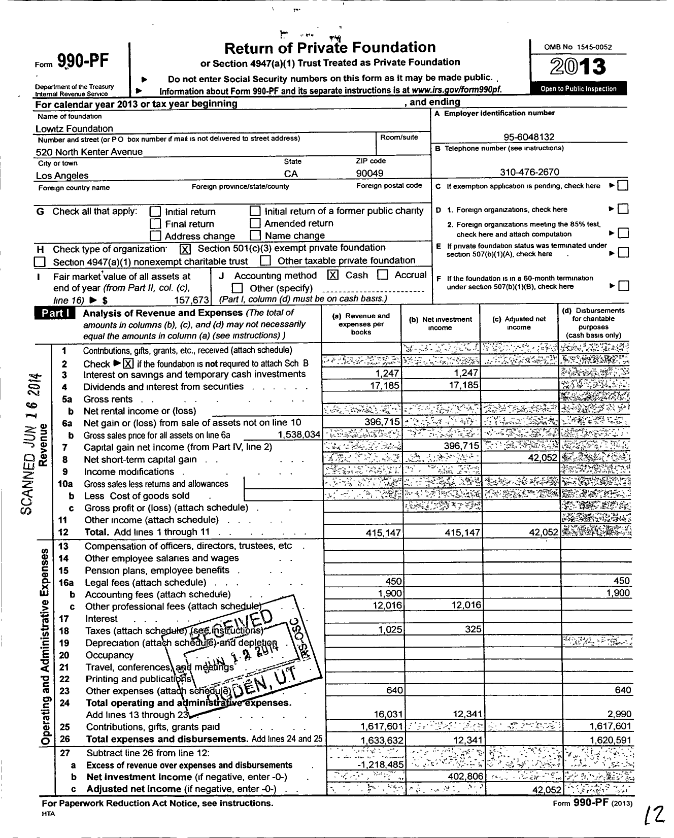Image of first page of 2013 Form 990PF for Lowitz Foundation