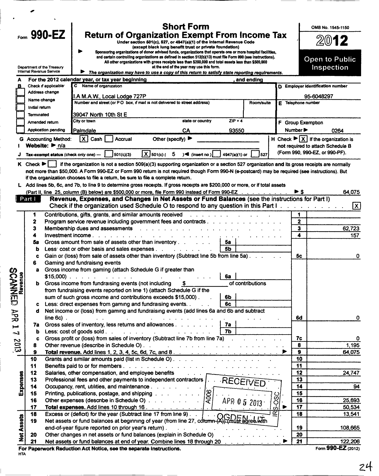 Image of first page of 2012 Form 990EO for International Association of Machinists and Aerospace Workers - 727-p