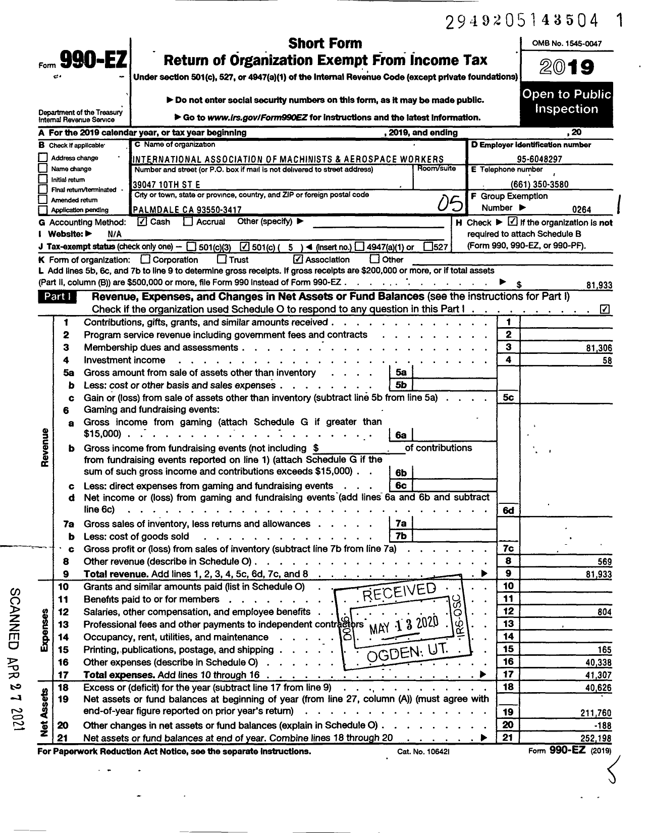 Image of first page of 2019 Form 990EO for International Association of Machinists and Aerospace Workers - 727-p