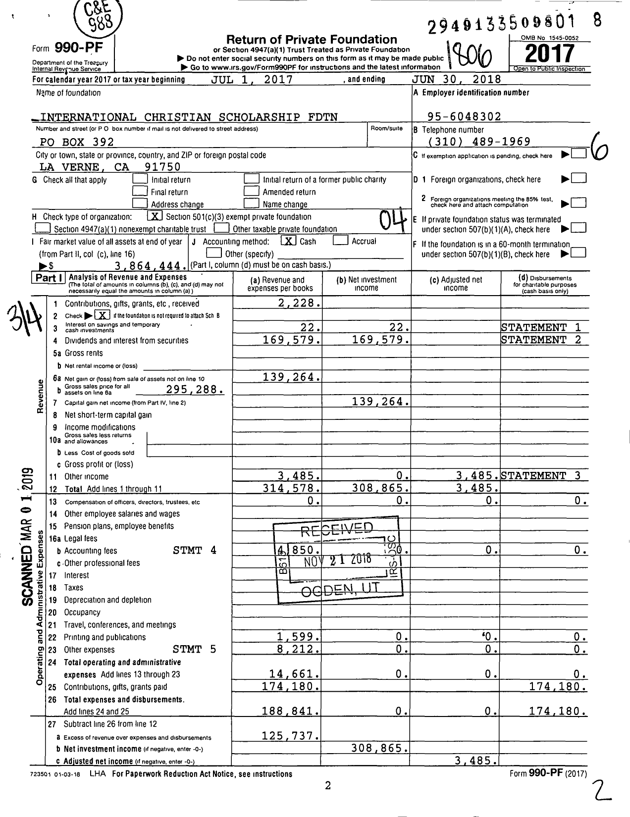 Image of first page of 2017 Form 990PF for International Christian Scholarship FDTN