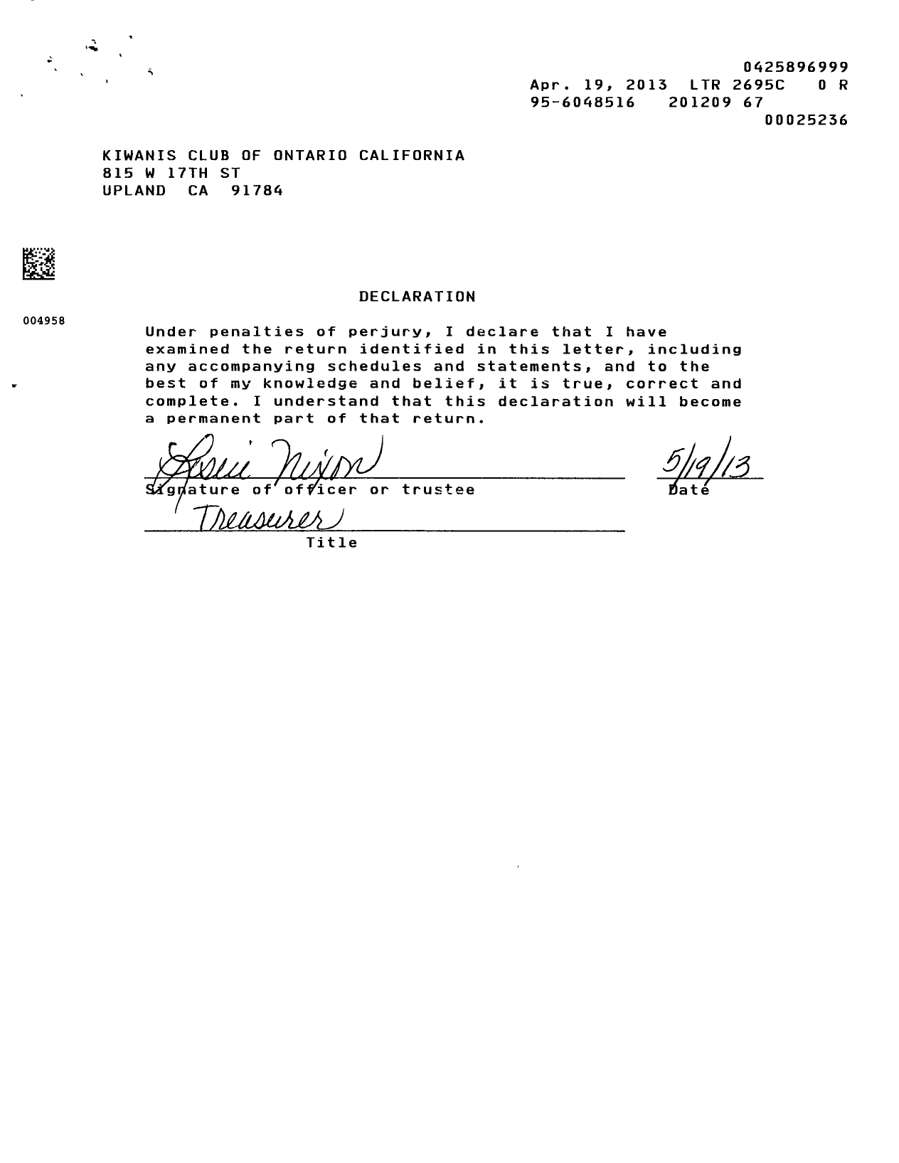 Image of first page of 2011 Form 990EOR for Kiwanis International - K01229 Ontario