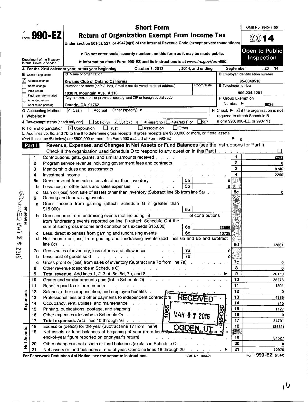 Image of first page of 2013 Form 990EO for Kiwanis International - K01229 Ontario