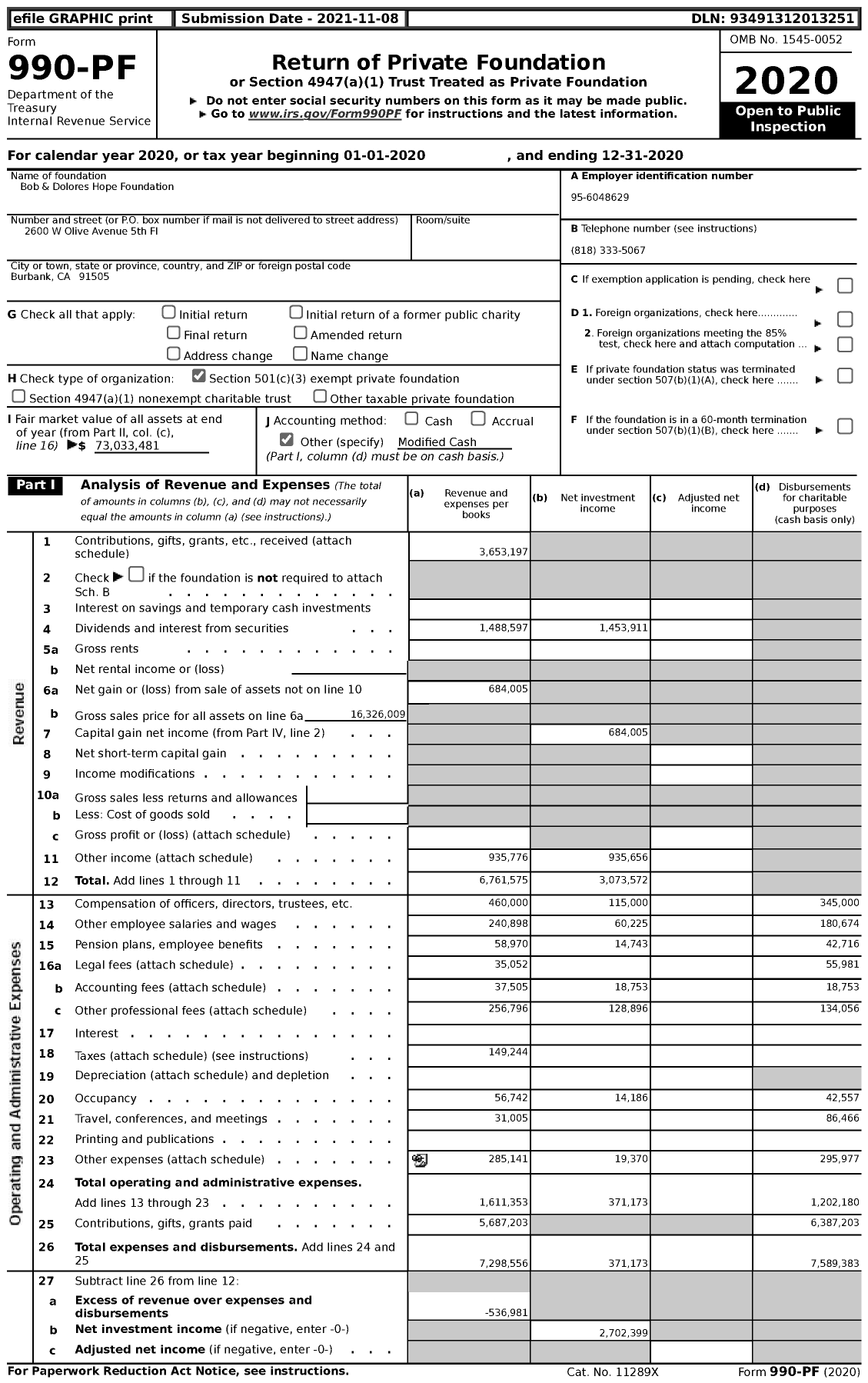 Image of first page of 2020 Form 990PF for Bob & Dolores Hope Foundation