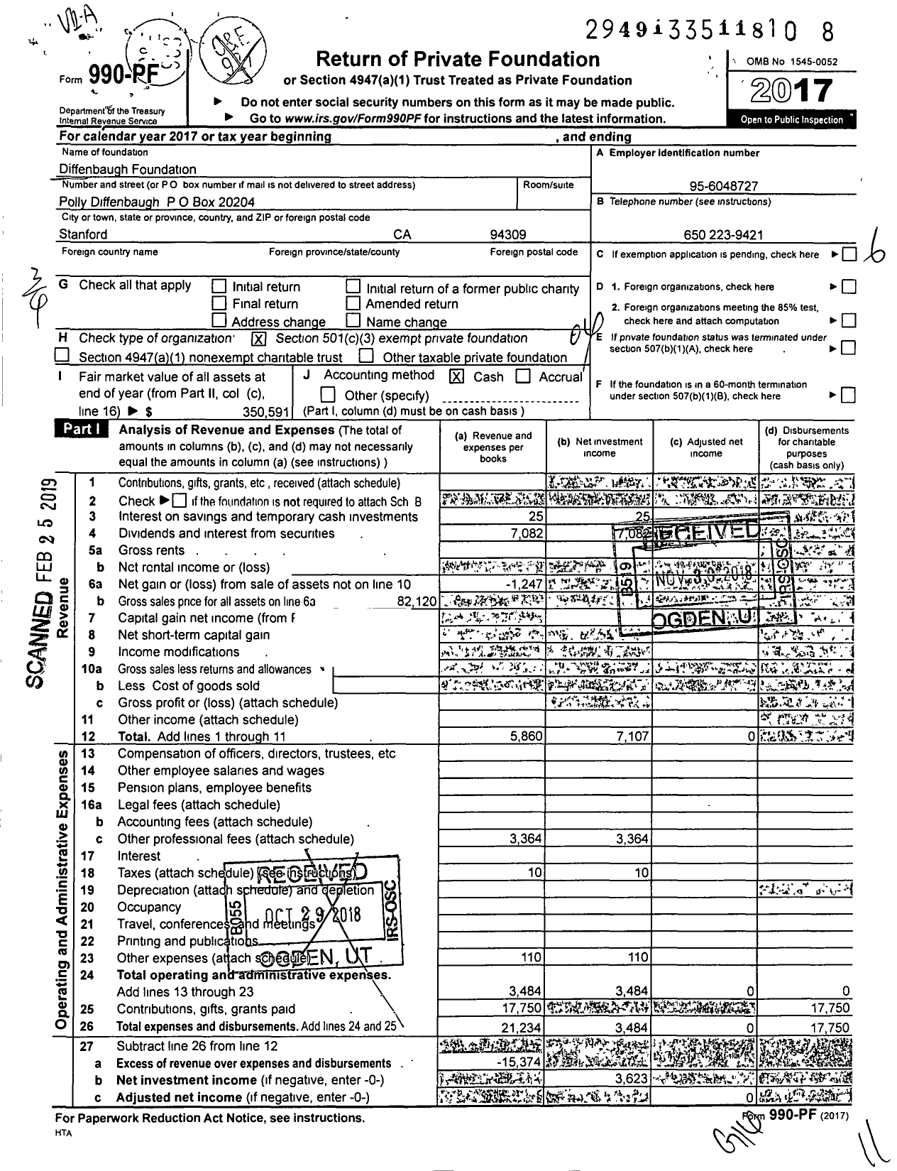 Image of first page of 2017 Form 990PF for Diffenbaugh Foundation