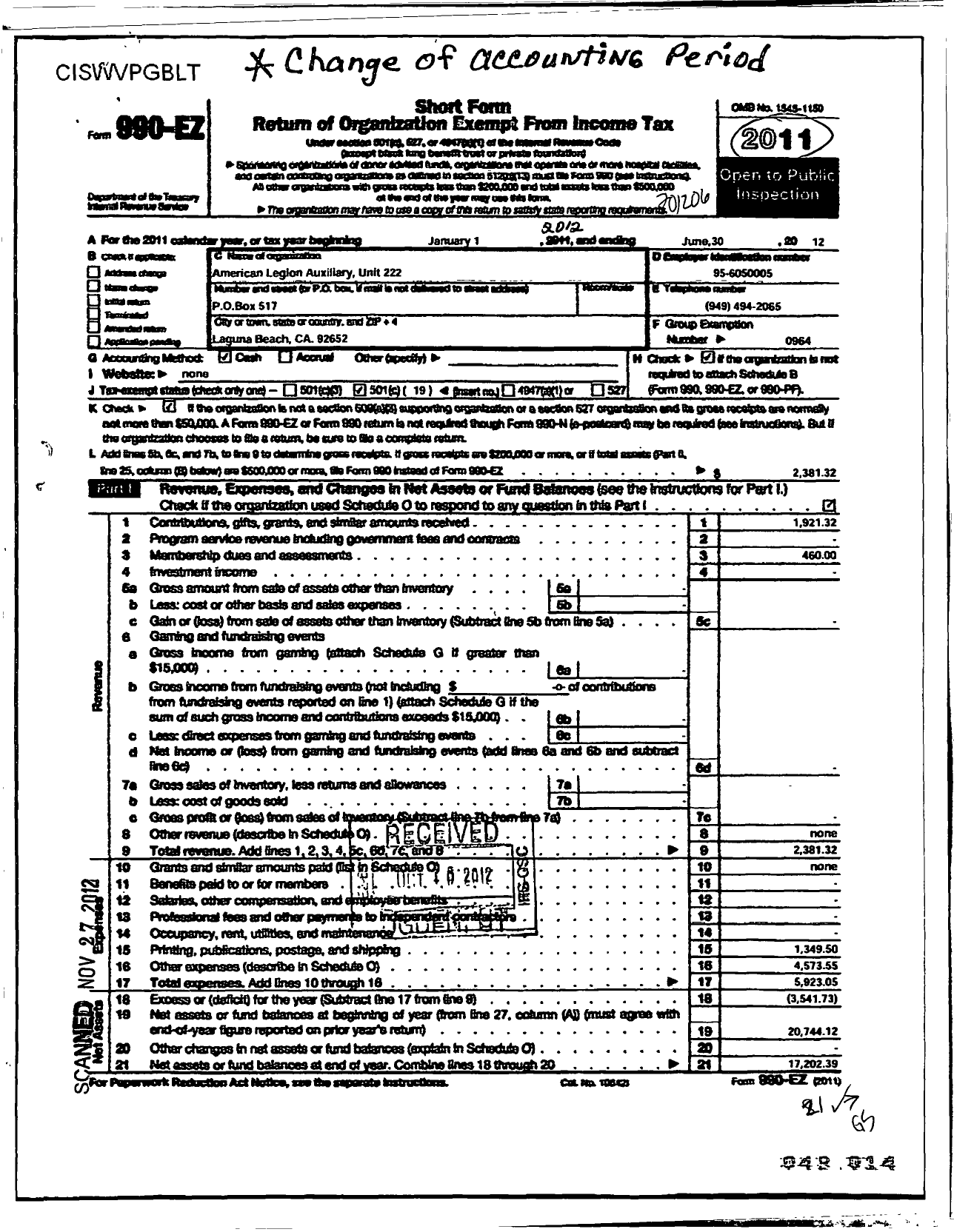 Image of first page of 2011 Form 990EO for American Legion Auxiliary - 222 Laguna Beach