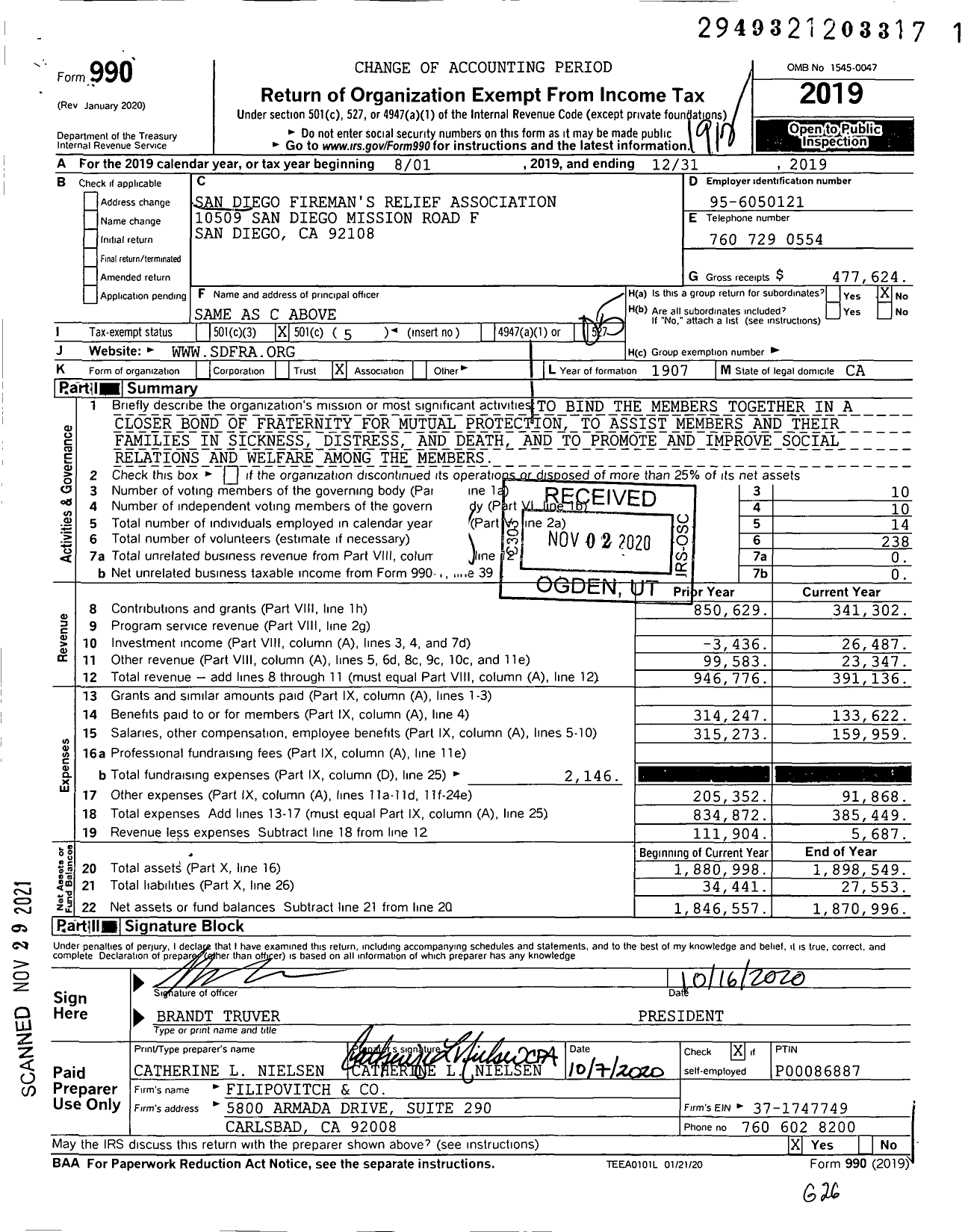 Image of first page of 2019 Form 990O for San Diego Firemans Relief Association