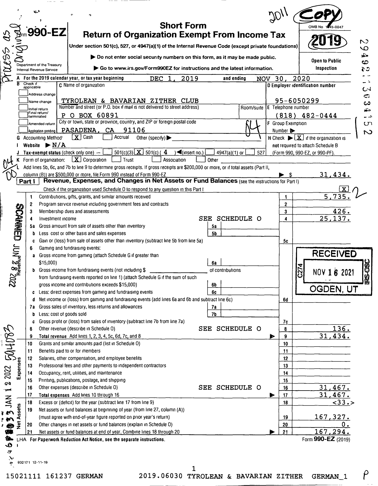 Image of first page of 2019 Form 990EO for Tyrolean and Bavarian Zither Club