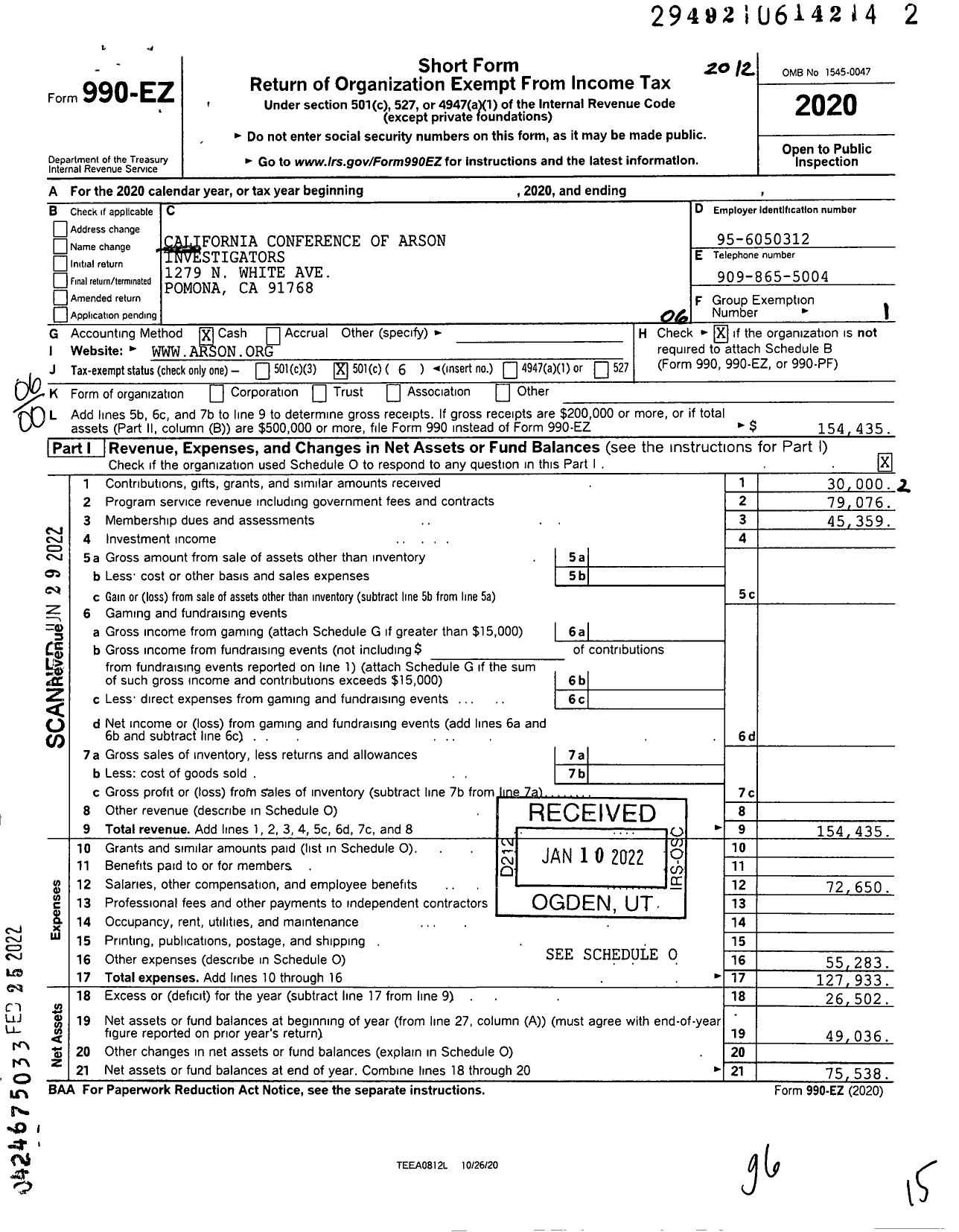 Image of first page of 2020 Form 990EO for California Conference of Arson Investigators