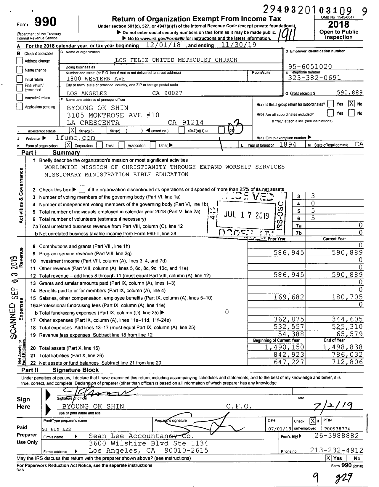 Image of first page of 2018 Form 990 for Los Feliz United Methodist Church