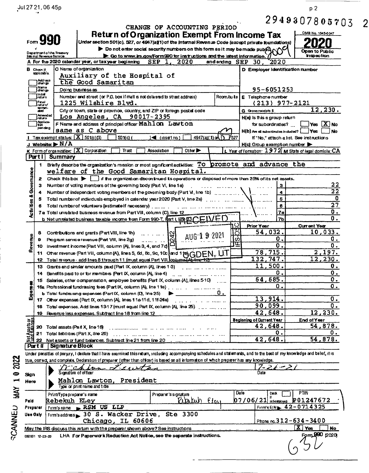 Image of first page of 2019 Form 990 for Auxiliary of the Hospital of the Good Samaritan