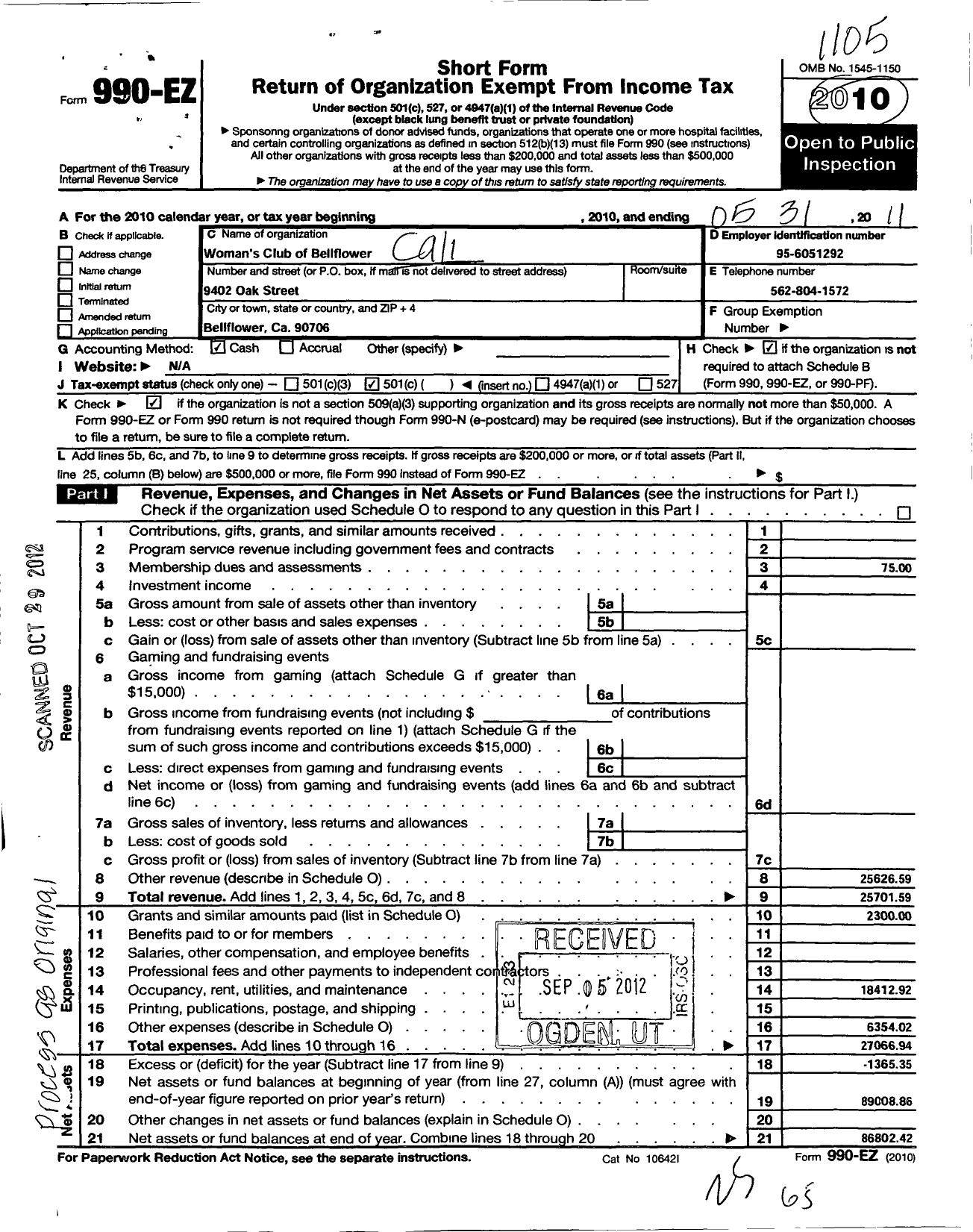 Image of first page of 2010 Form 990EO for California Federation of Women's Clubs - Womans Club of Bellflower