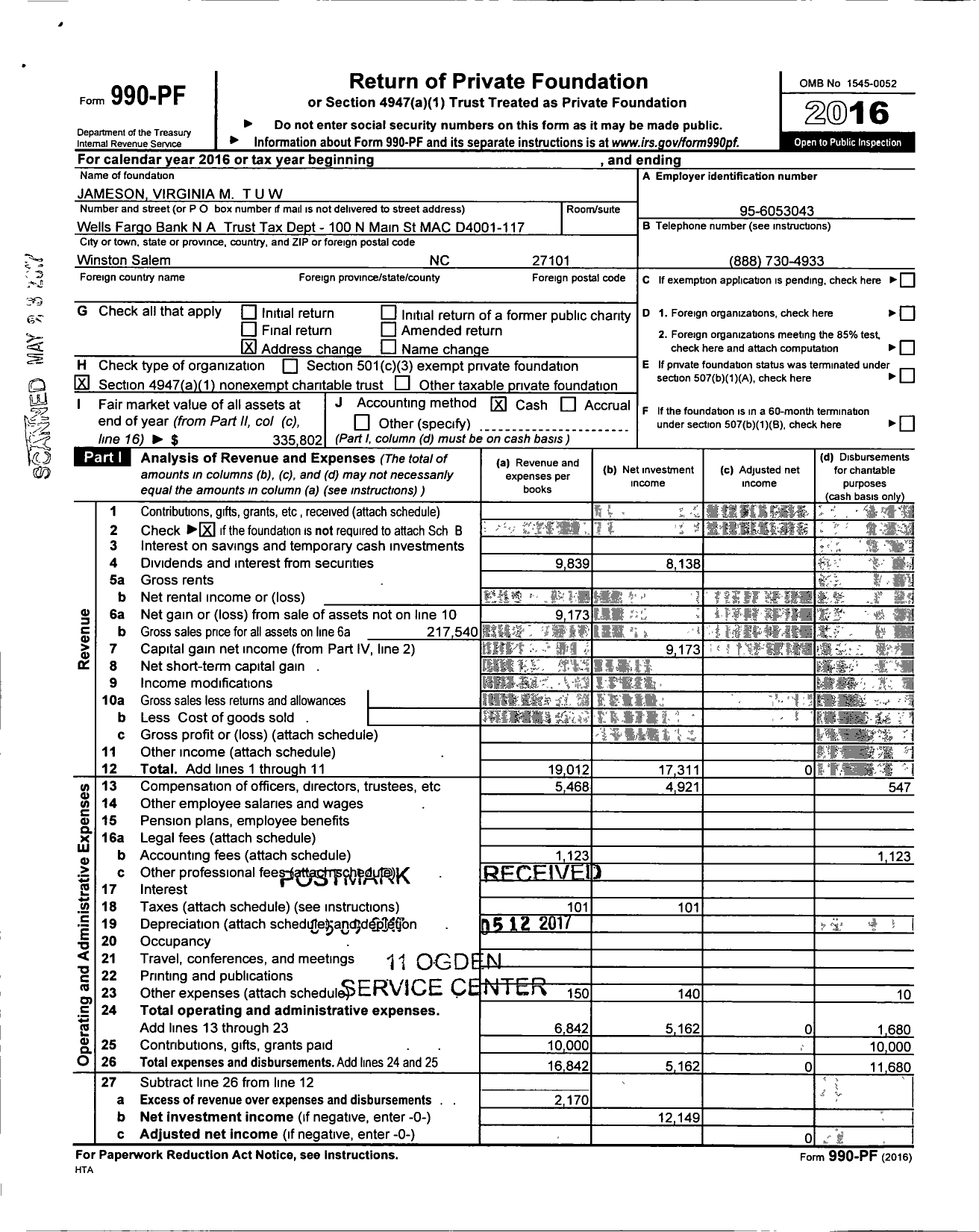 Image of first page of 2016 Form 990PF for Jameson Virginia M Tuw