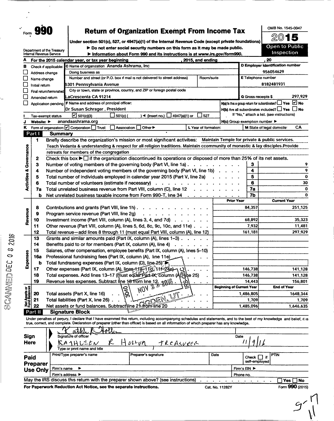 Image of first page of 2015 Form 990 for Ananda Ashrama